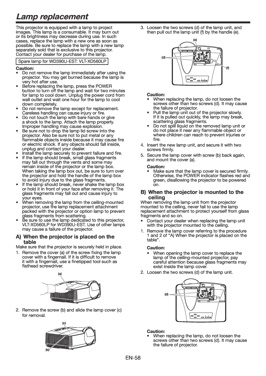Mitsubishi Electronics WD390U-EST user manual Lamp replacement, A When the projector is placed on the table 