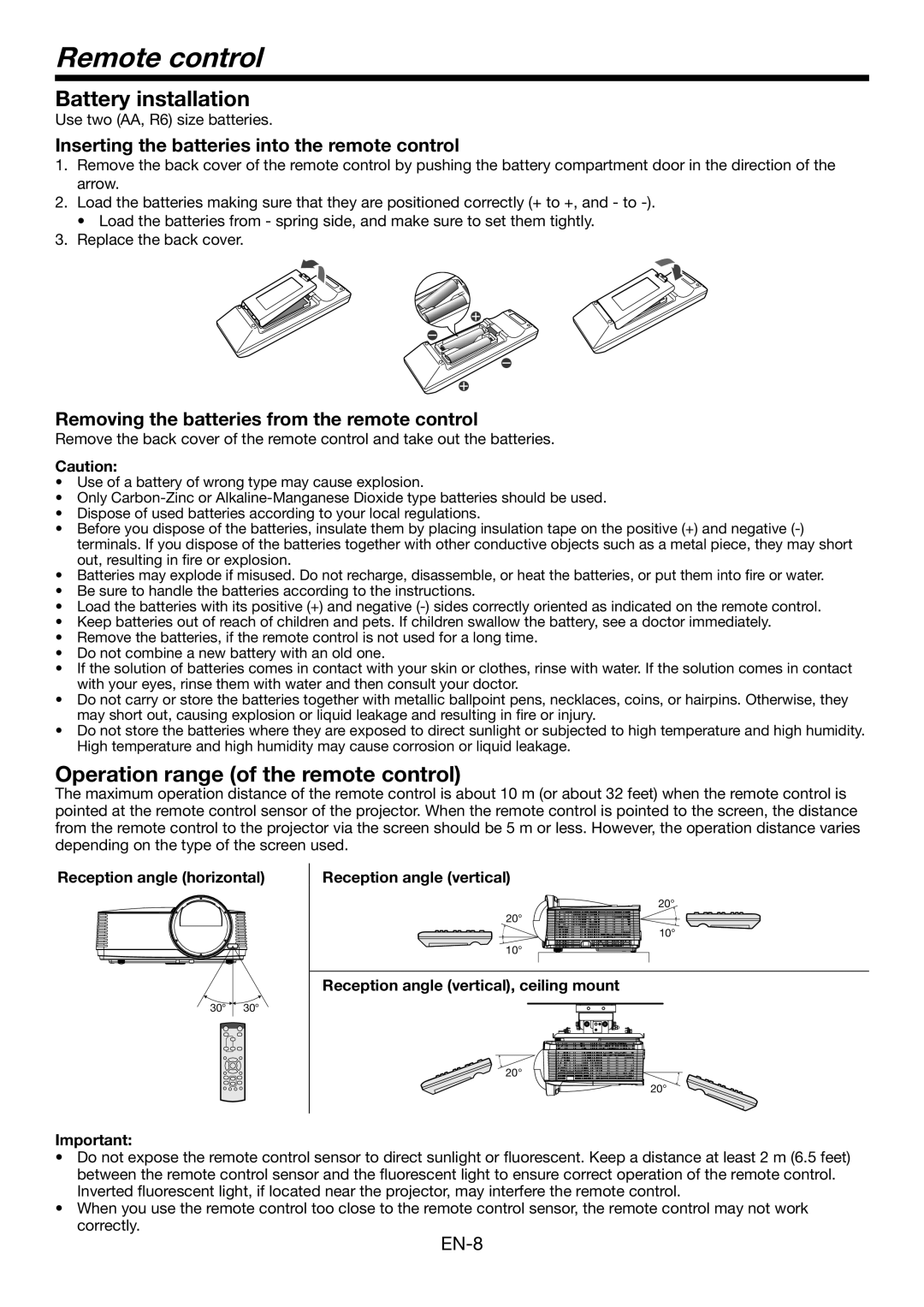 Mitsubishi Electronics WD390U-EST user manual Remote control, Battery installation, Operation range of the remote control 