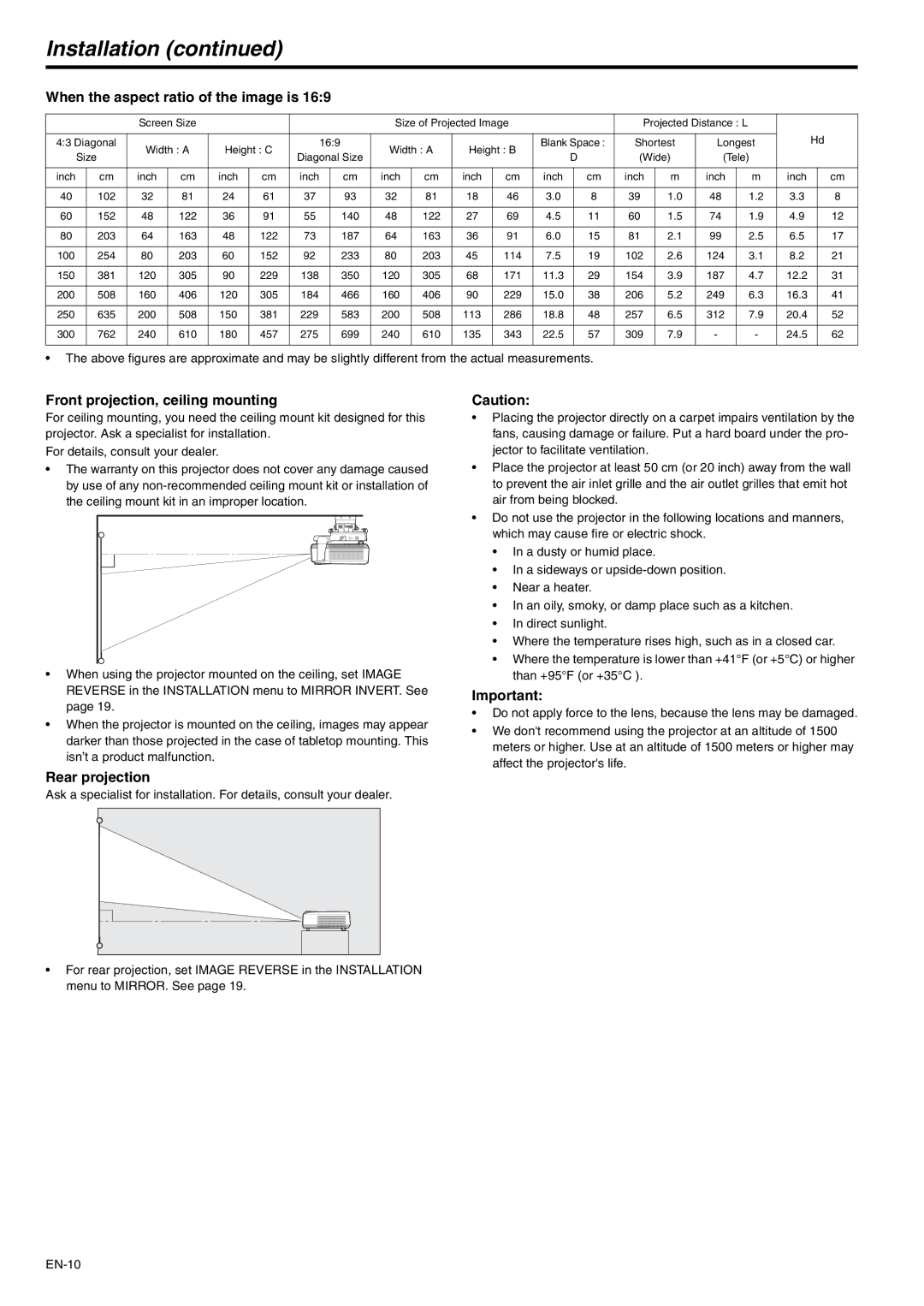 Mitsubishi Electronics WD510U-G Installation, When the aspect ratio of the image is, Front projection, ceiling mounting 