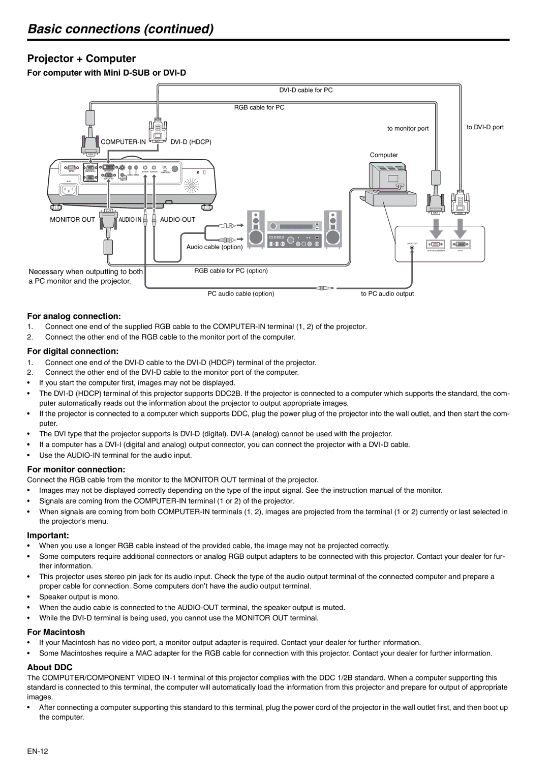 Mitsubishi Electronics WD510U-G user manual Basic connections, Projector + Computer 