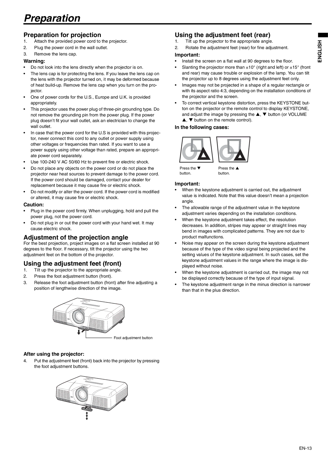 Mitsubishi Electronics WD510U-G user manual Preparation for projection, Adjustment of the projection angle 