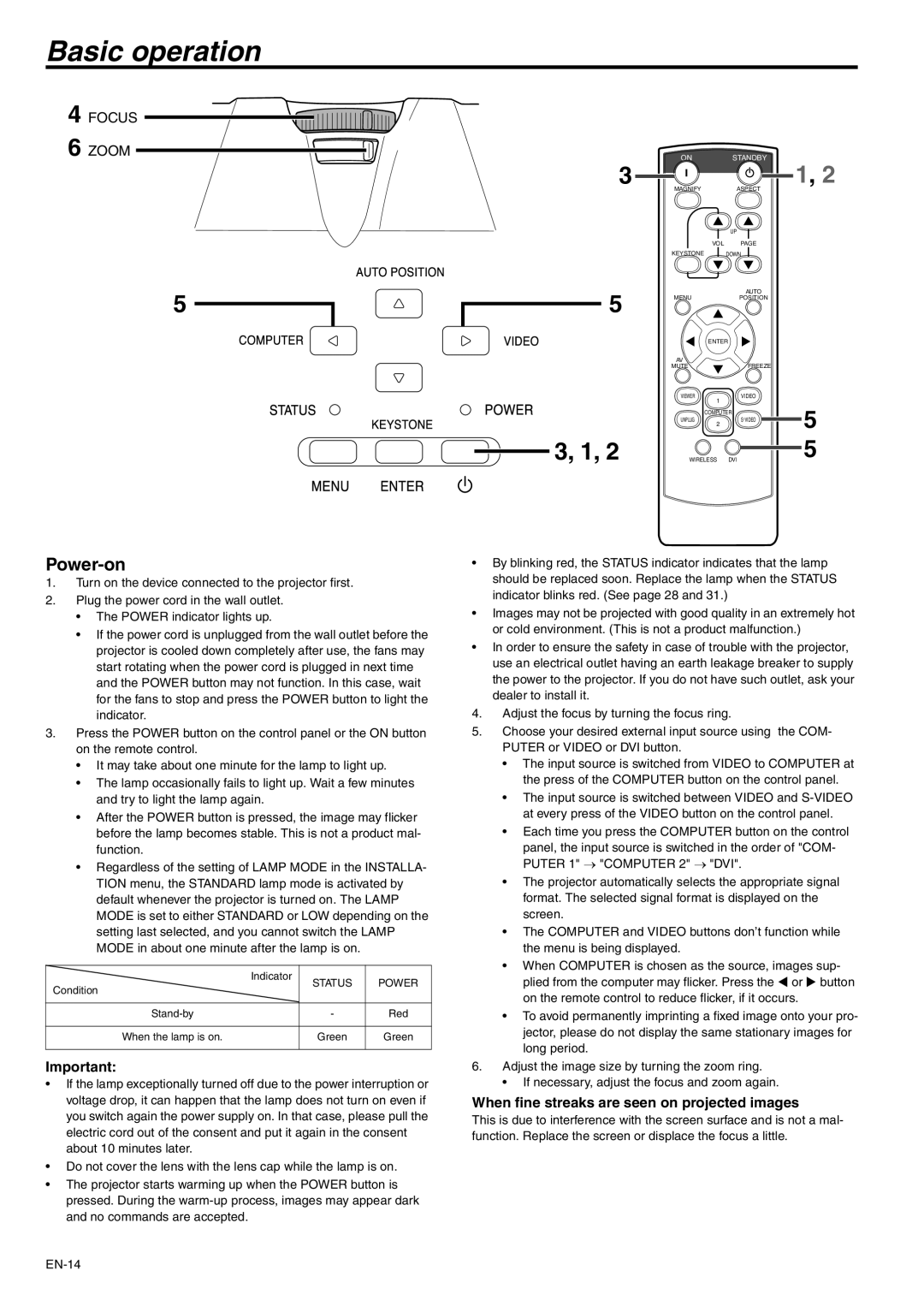 Mitsubishi Electronics WD510U-G Basic operation, Power-on, When fine streaks are seen on projected images, Status Power 