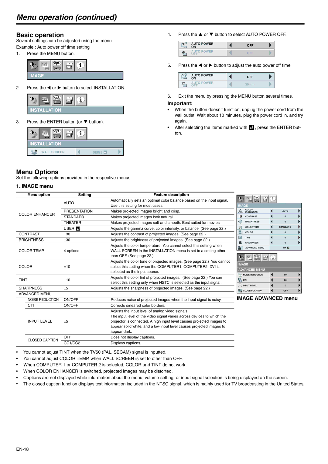 Mitsubishi Electronics WD510U-G user manual Menu operation, Basic operation, Menu Options, Image menu, Image Advanced menu 