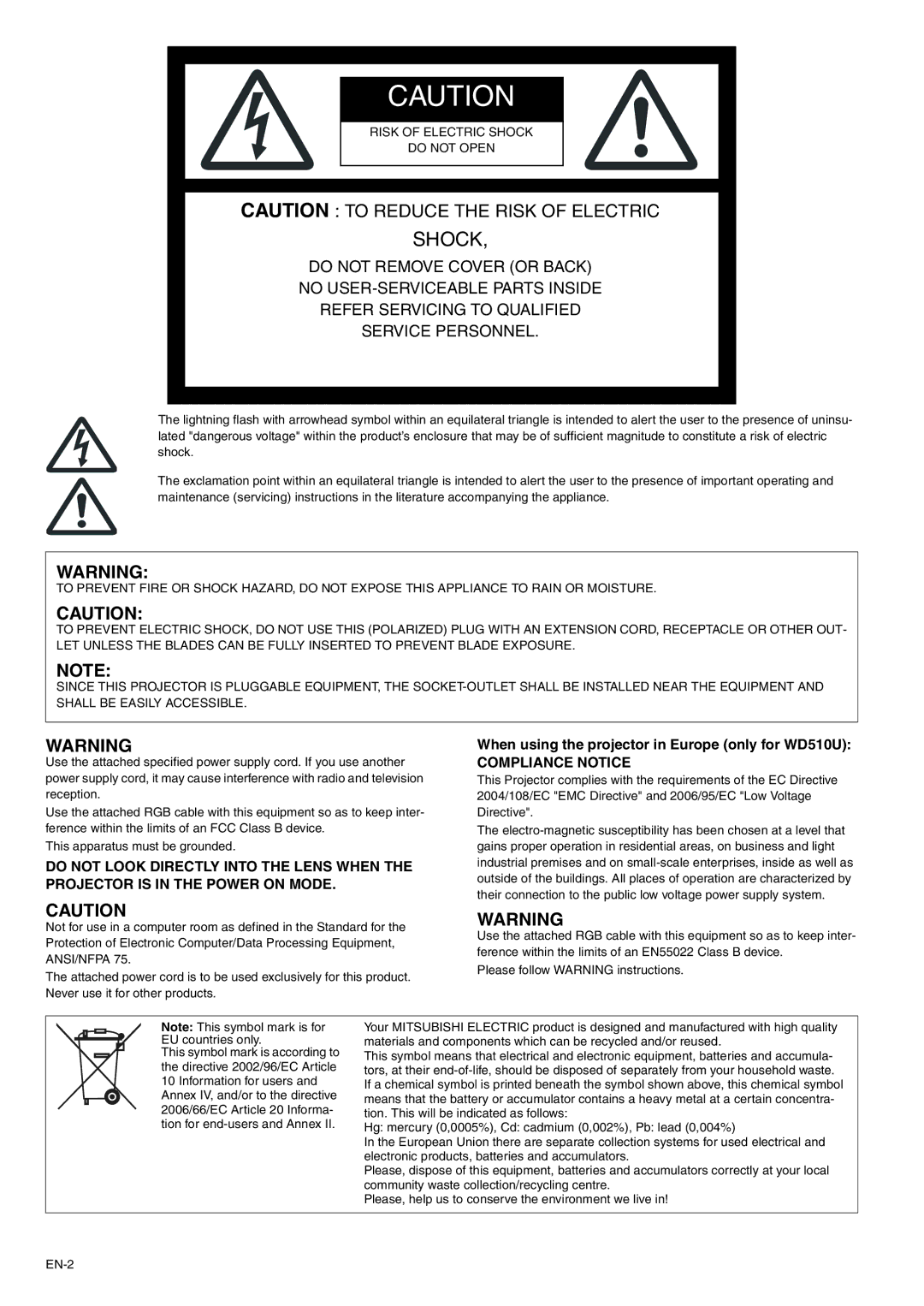 Mitsubishi Electronics WD510U-G user manual Shock, When using the projector in Europe only for WD510U 