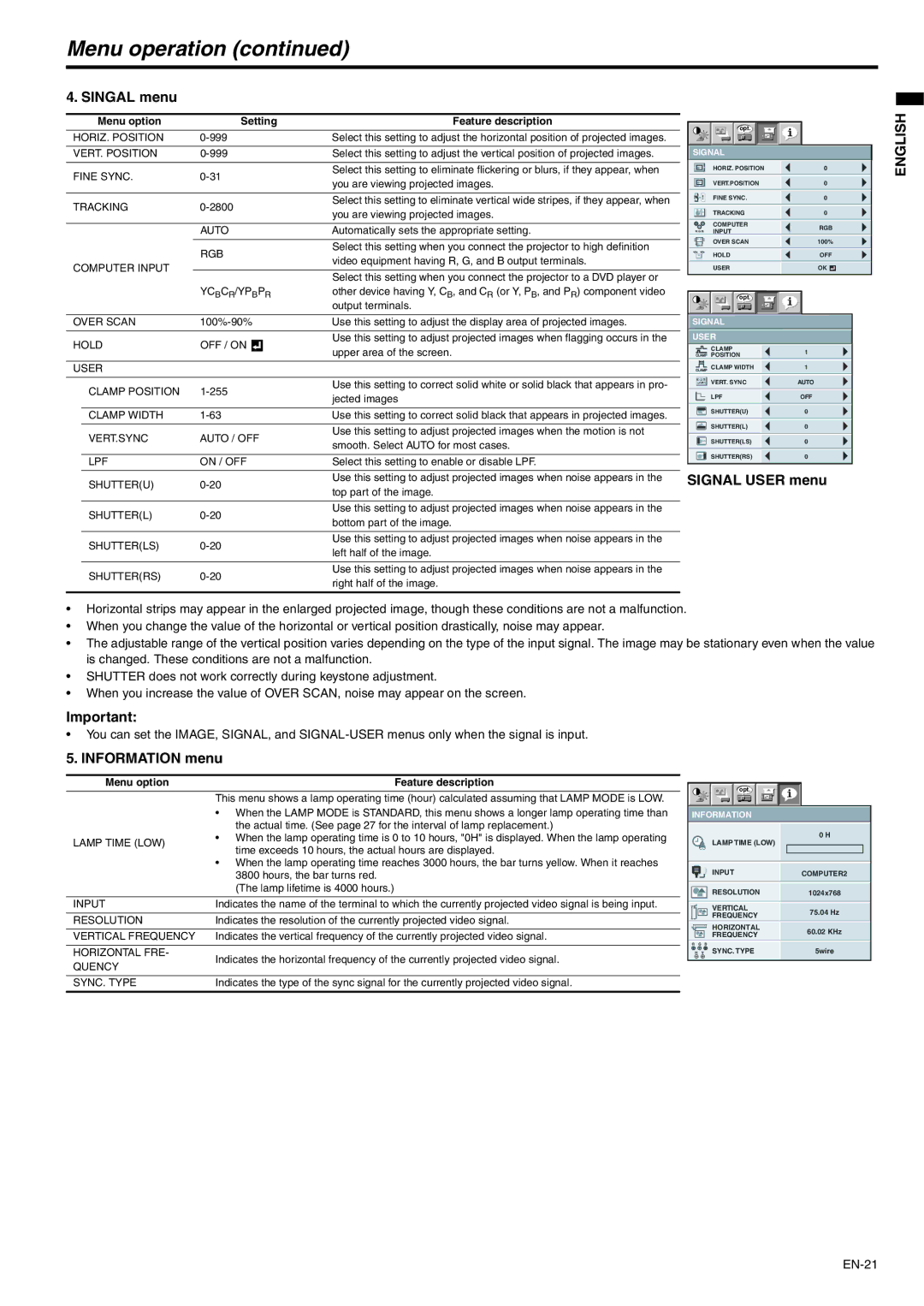 Mitsubishi Electronics WD510U-G user manual Singal menu, Signal User menu, Information menu 