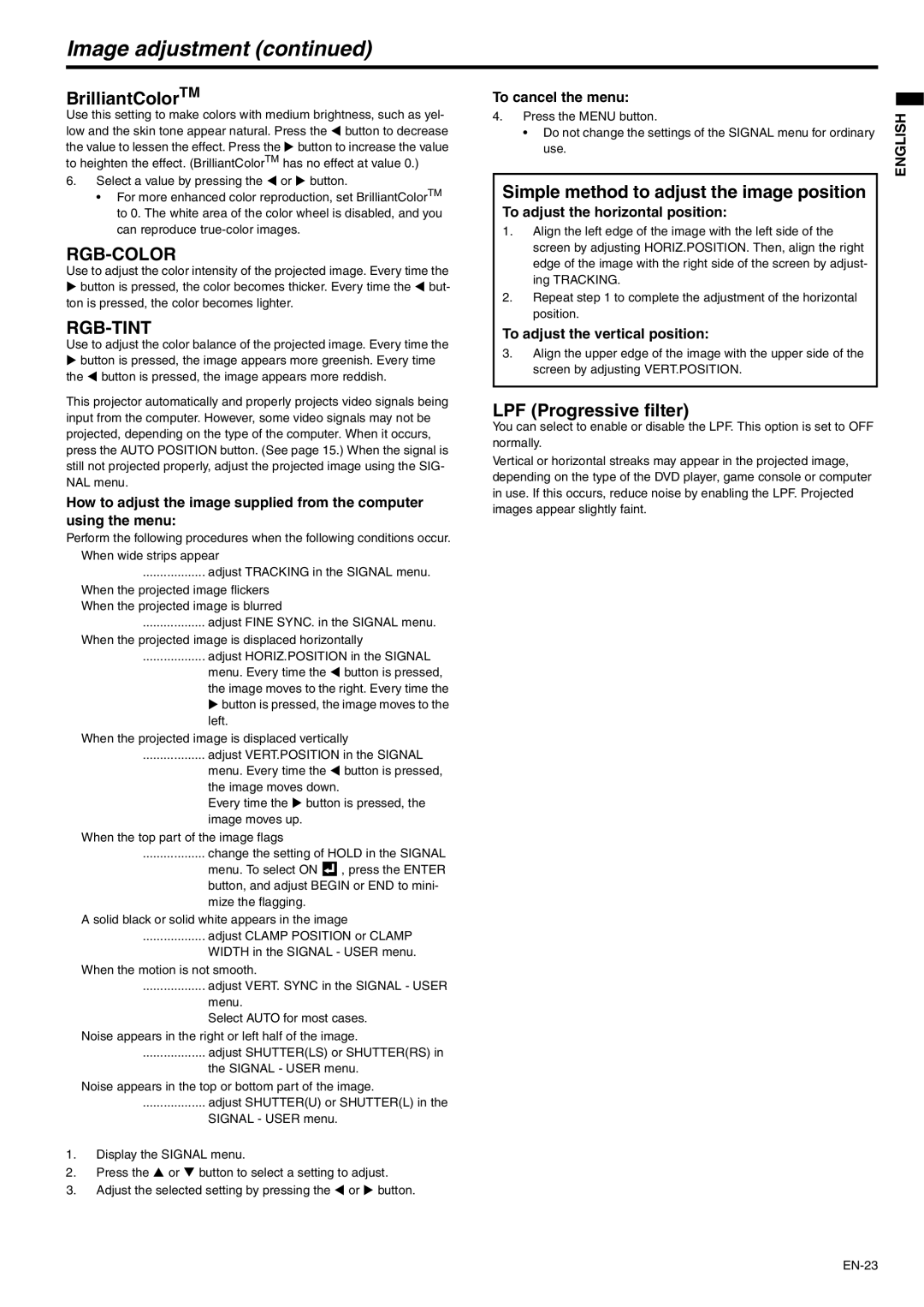 Mitsubishi Electronics WD510U-G user manual Image adjustment, BrilliantColorTM, Simple method to adjust the image position 