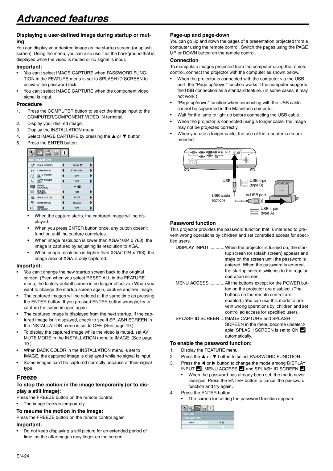 Mitsubishi Electronics WD510U-G user manual Advanced features, Freeze 