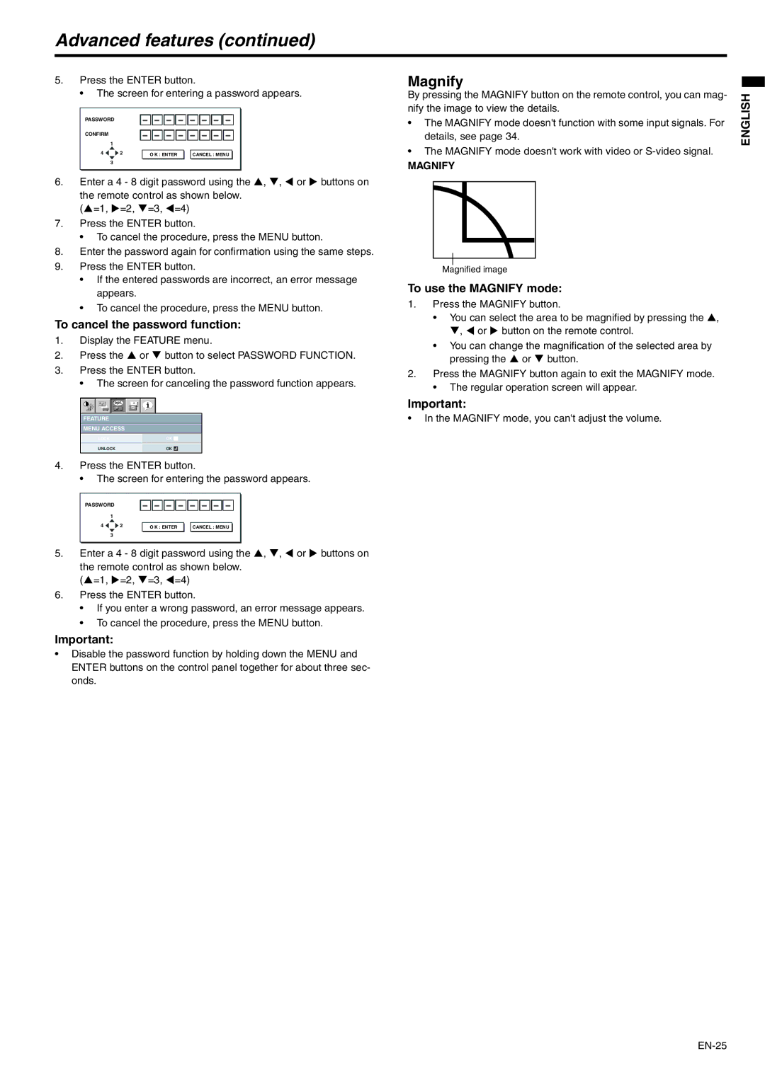 Mitsubishi Electronics WD510U-G user manual Advanced features, To cancel the password function, To use the Magnify mode 