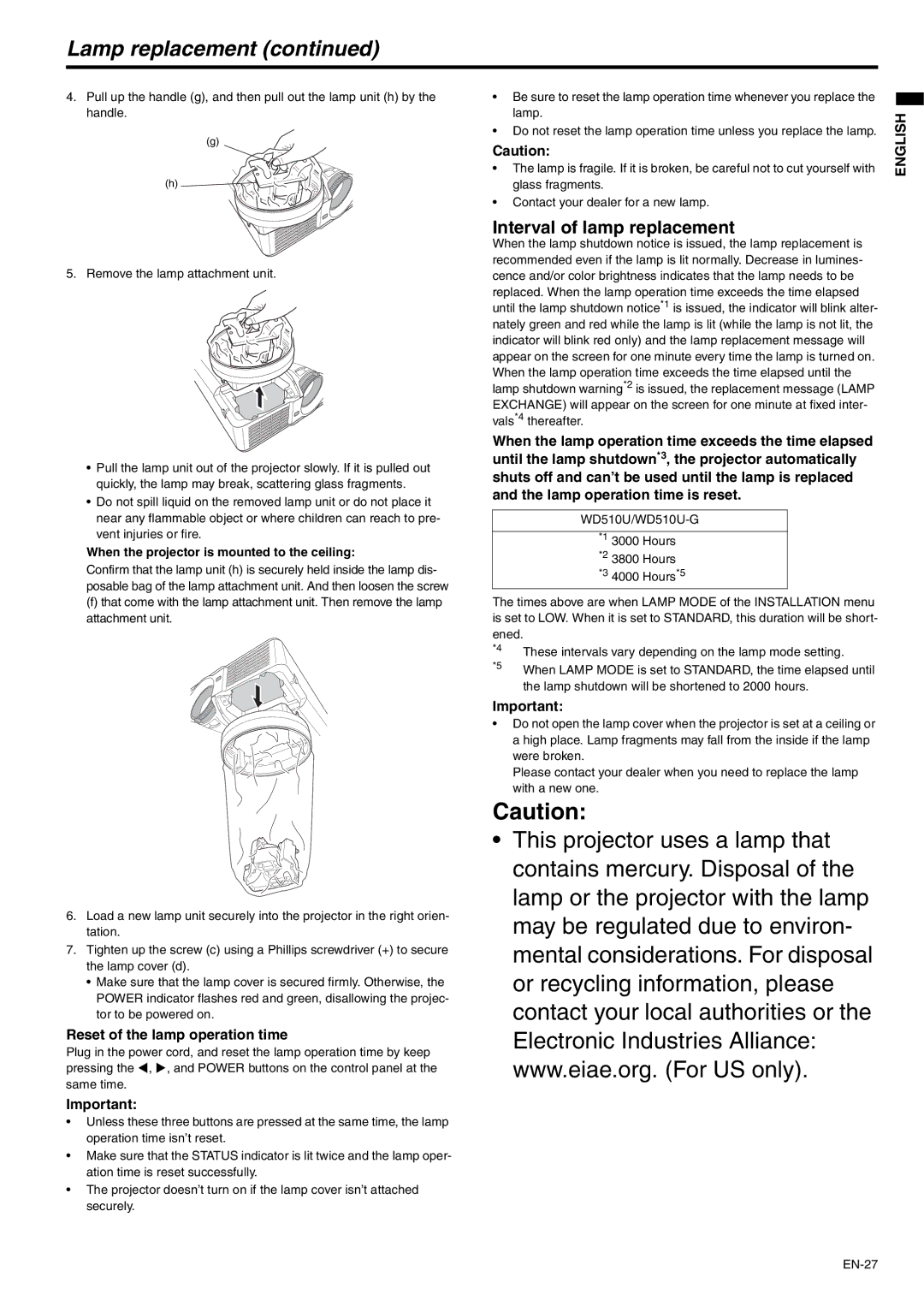 Mitsubishi Electronics WD510U-G Lamp replacement, Interval of lamp replacement, Reset of the lamp operation time 