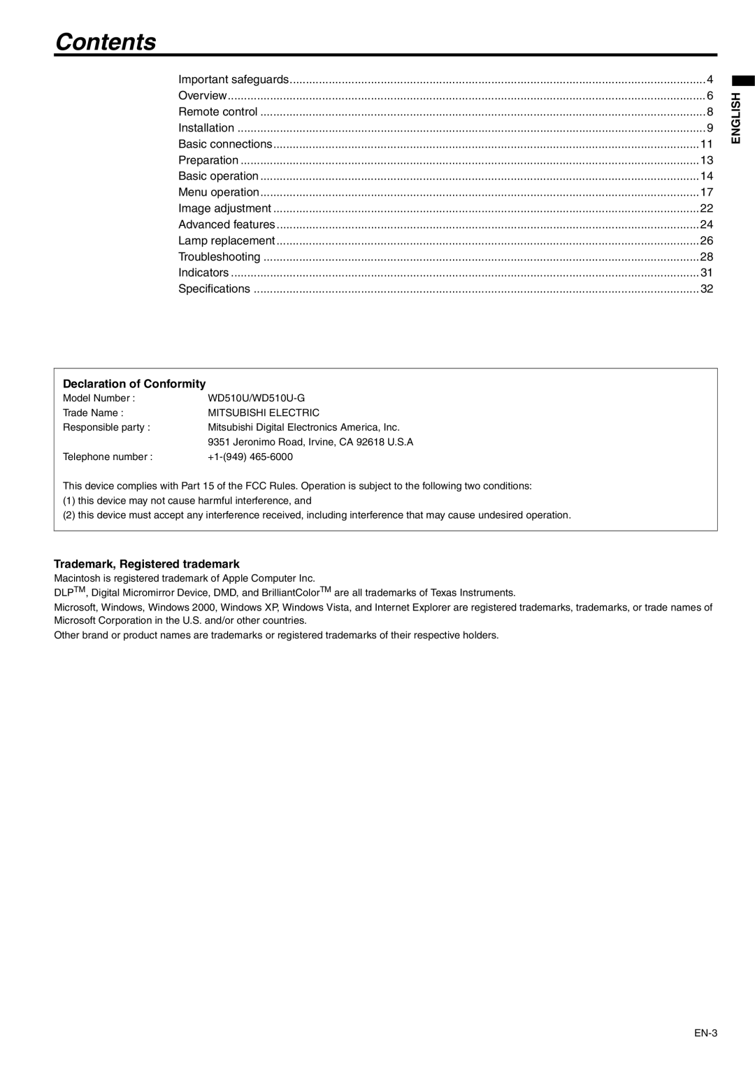 Mitsubishi Electronics WD510U-G user manual Contents 