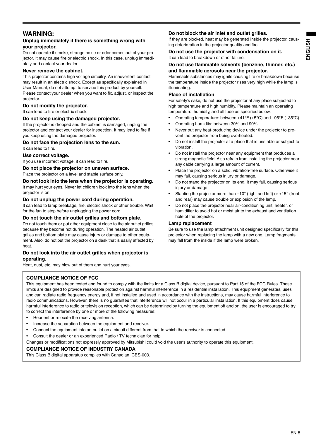 Mitsubishi Electronics WD510U-G user manual Never remove the cabinet Do not modify the projector, Use correct voltage 