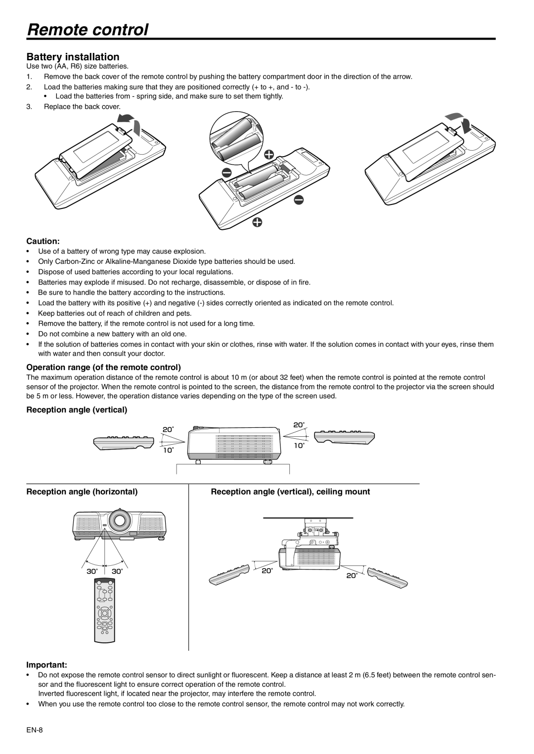 Mitsubishi Electronics WD510U-G user manual Remote control, Battery installation, Operation range of the remote control 