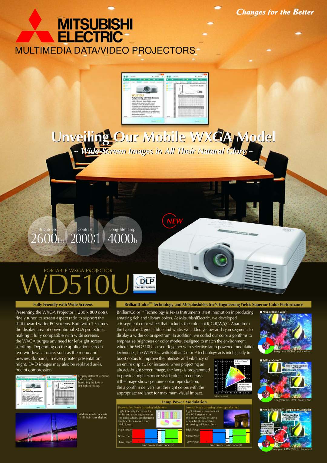 Mitsubishi Electronics WD510U manual Unveiling Our Mobile WXGA Model, 2600 lm, 20001 4000 h, Portable Wxga Projector 