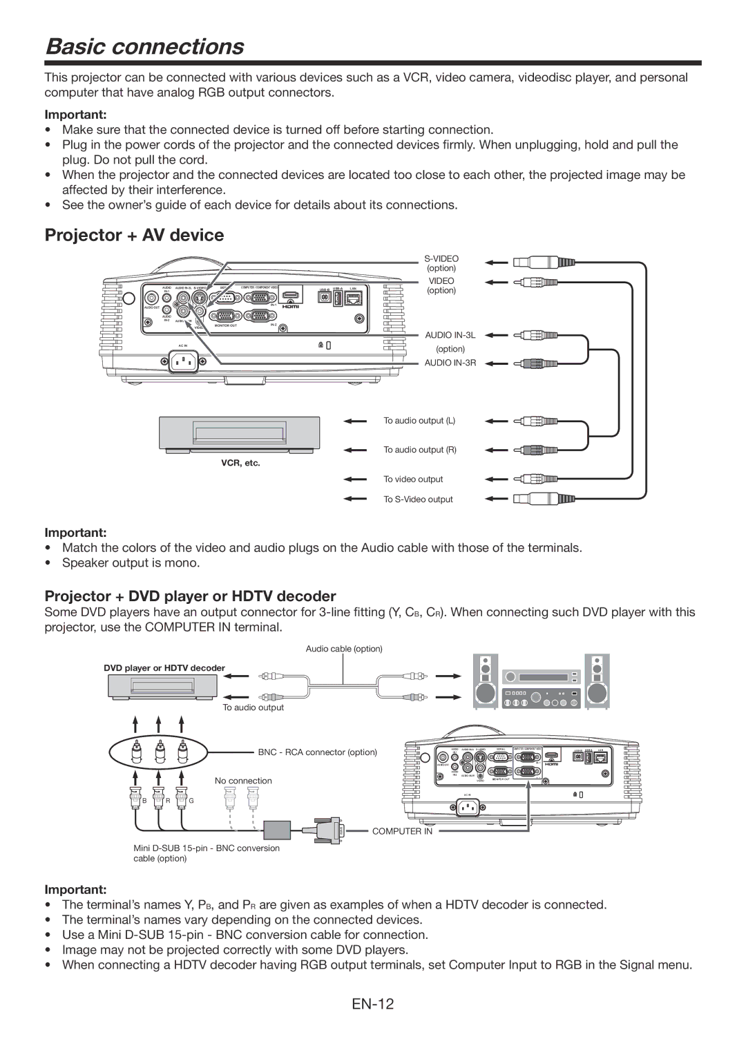 Mitsubishi Electronics WD570U, XD560U Basic connections, Projector + AV device, Projector + DVD player or Hdtv decoder 