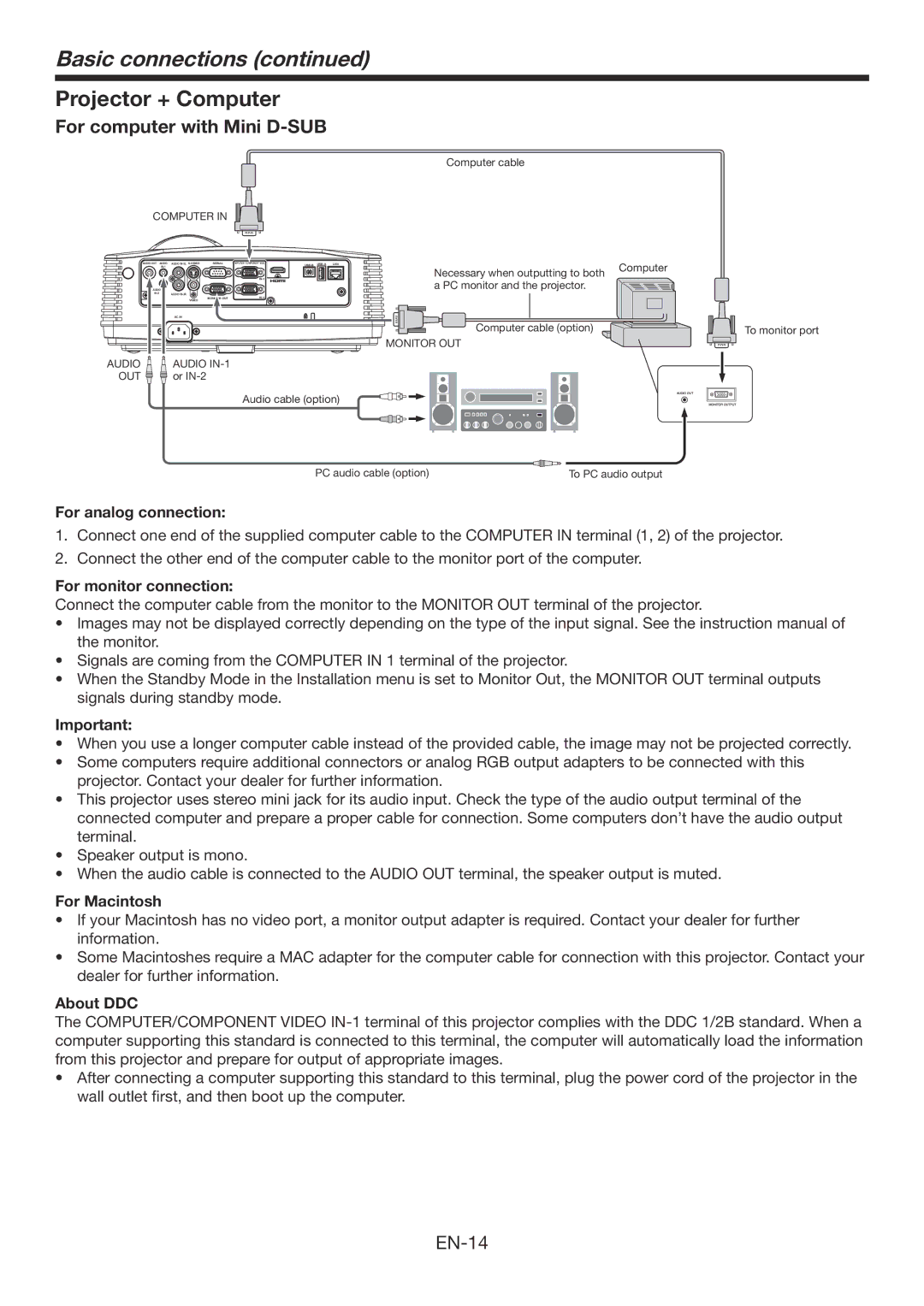 Mitsubishi Electronics WD570U, XD560U user manual Projector + Computer, For computer with Mini D-SUB 