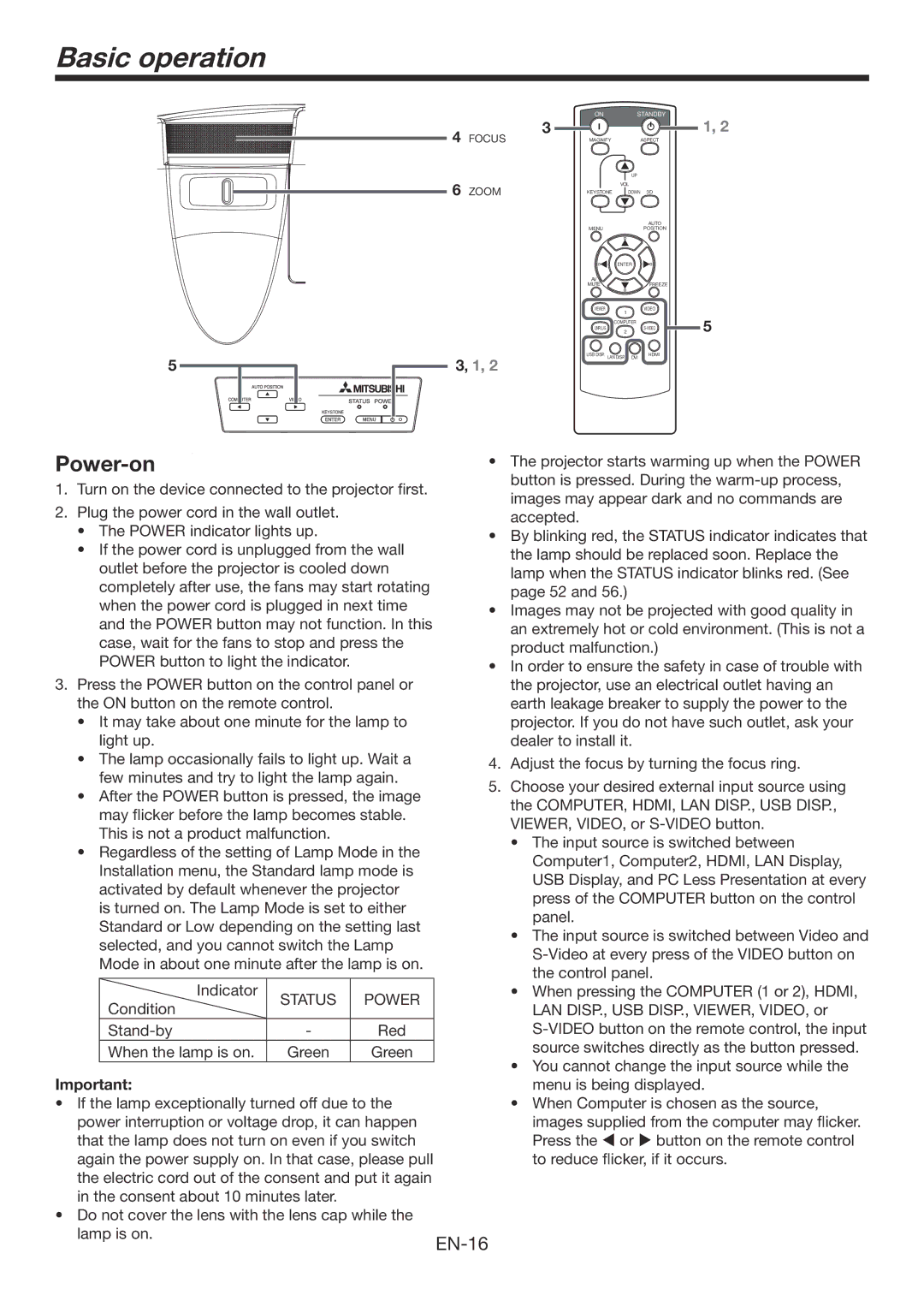 Mitsubishi Electronics WD570U, XD560U user manual Basic operation, Power-on, Status Power, Condition 