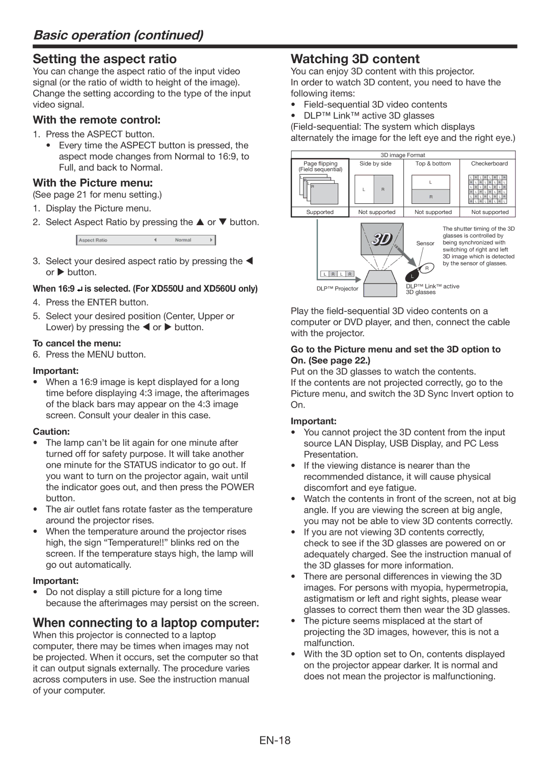 Mitsubishi Electronics WD570U, XD560U Setting the aspect ratio, When connecting to a laptop computer Watching 3D content 