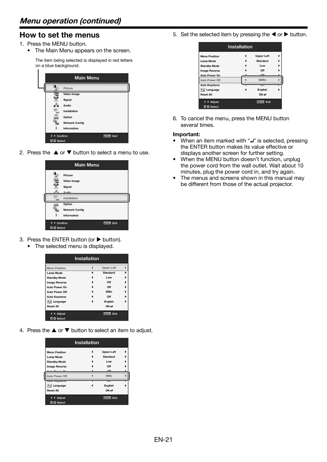 Mitsubishi Electronics XD560U, WD570U user manual Menu operation, How to set the menus 