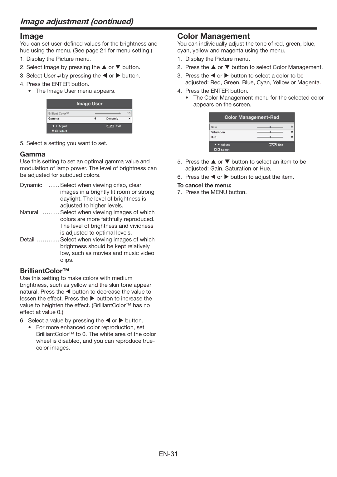 Mitsubishi Electronics XD560U, WD570U user manual Image adjustment, Color Management, Gamma, BrilliantColor 