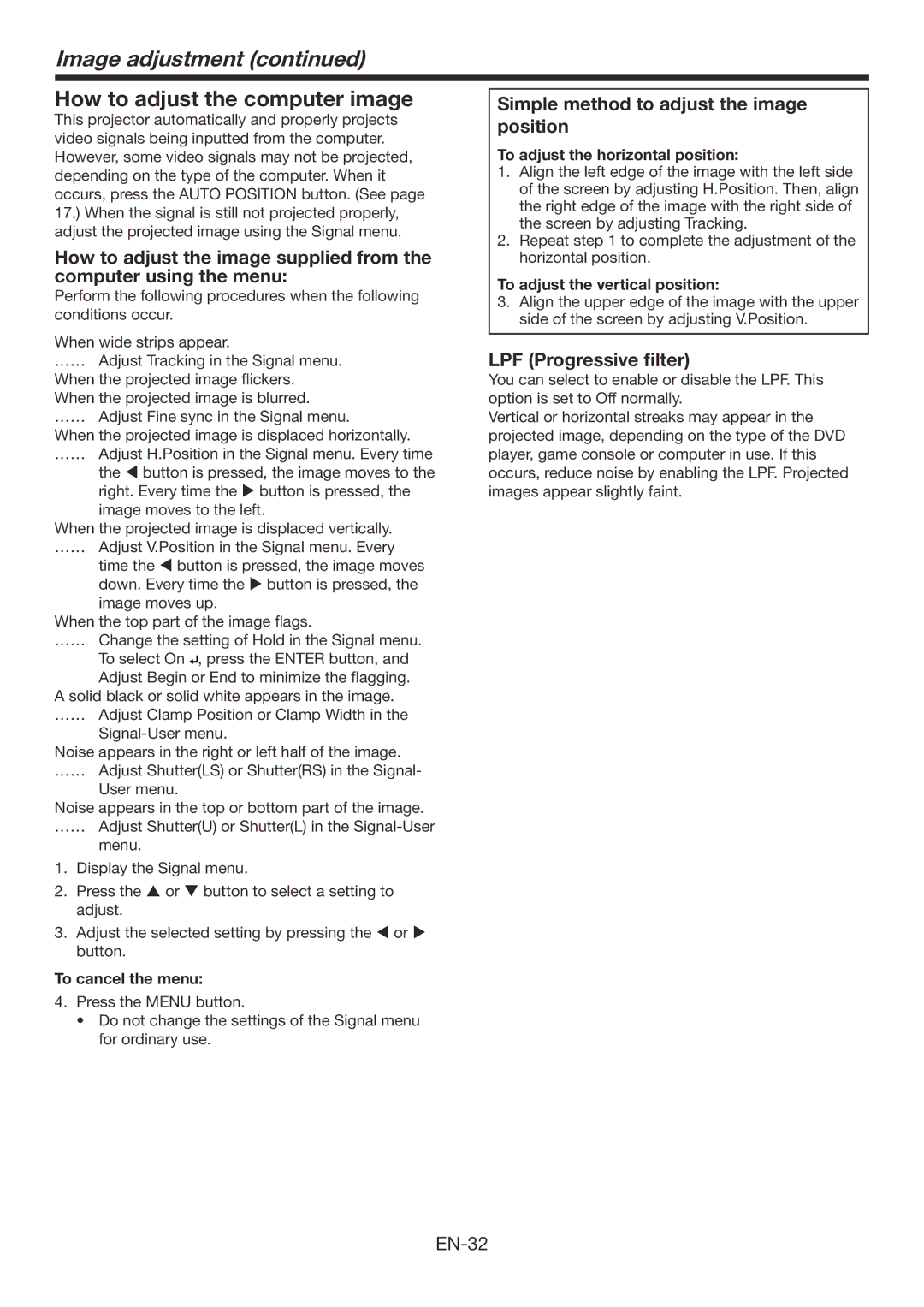 Mitsubishi Electronics WD570U, XD560U How to adjust the computer image, Simple method to adjust the image position 