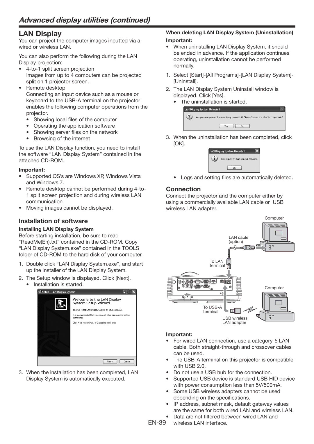 Mitsubishi Electronics XD560U, WD570U user manual Advanced display utilities, LAN Display, Installation of software 