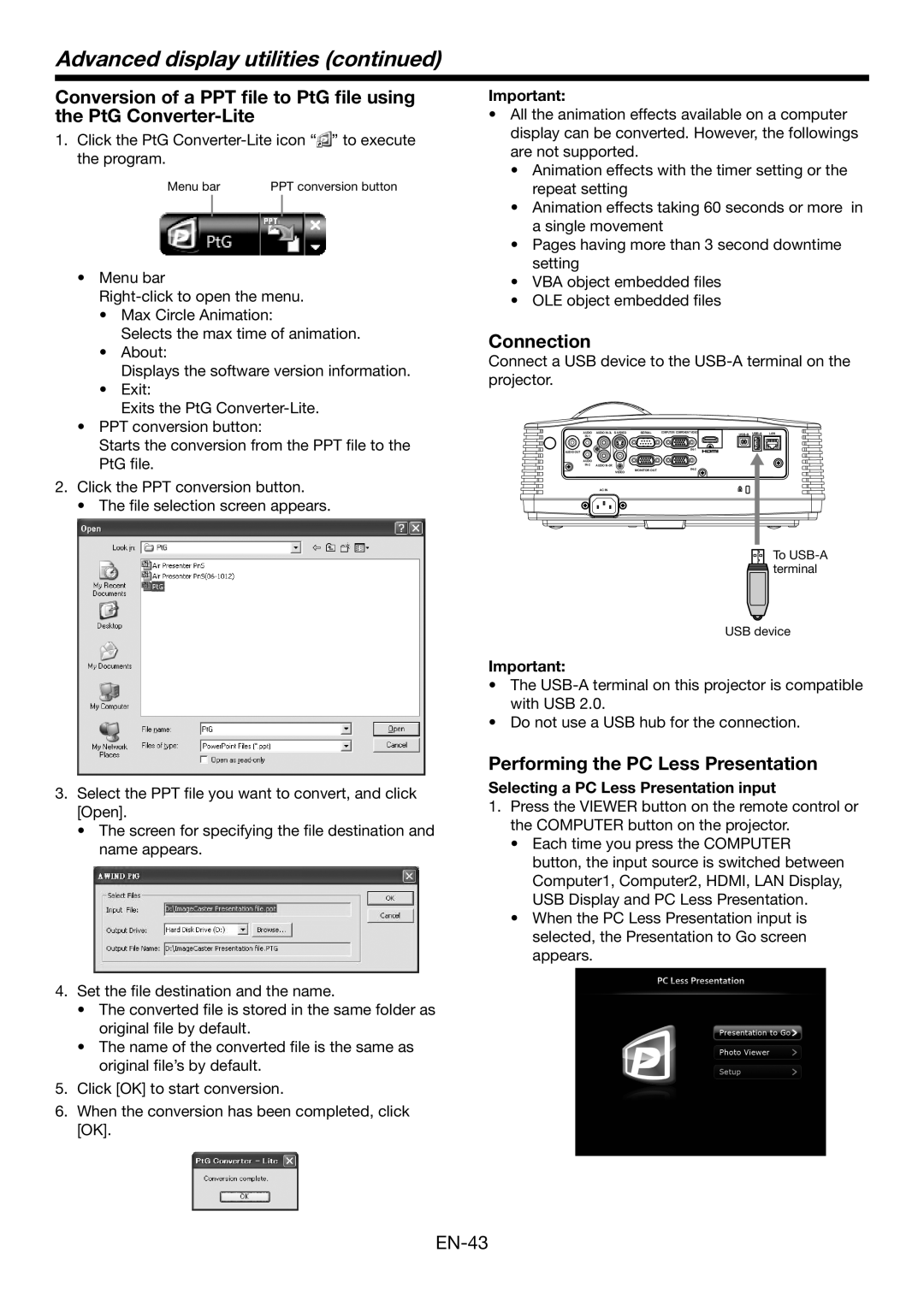 Mitsubishi Electronics XD560U, WD570U Performing the PC Less Presentation, Selecting a PC Less Presentation input 