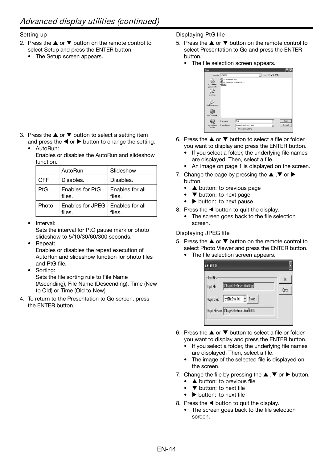 Mitsubishi Electronics WD570U, XD560U user manual Setting up, Off, Displaying PtG file, Displaying Jpeg file 