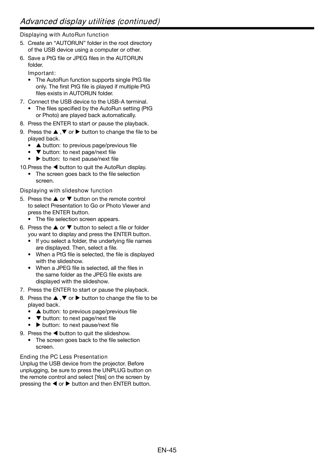 Mitsubishi Electronics XD560U, WD570U user manual Displaying with AutoRun function, Displaying with slideshow function 