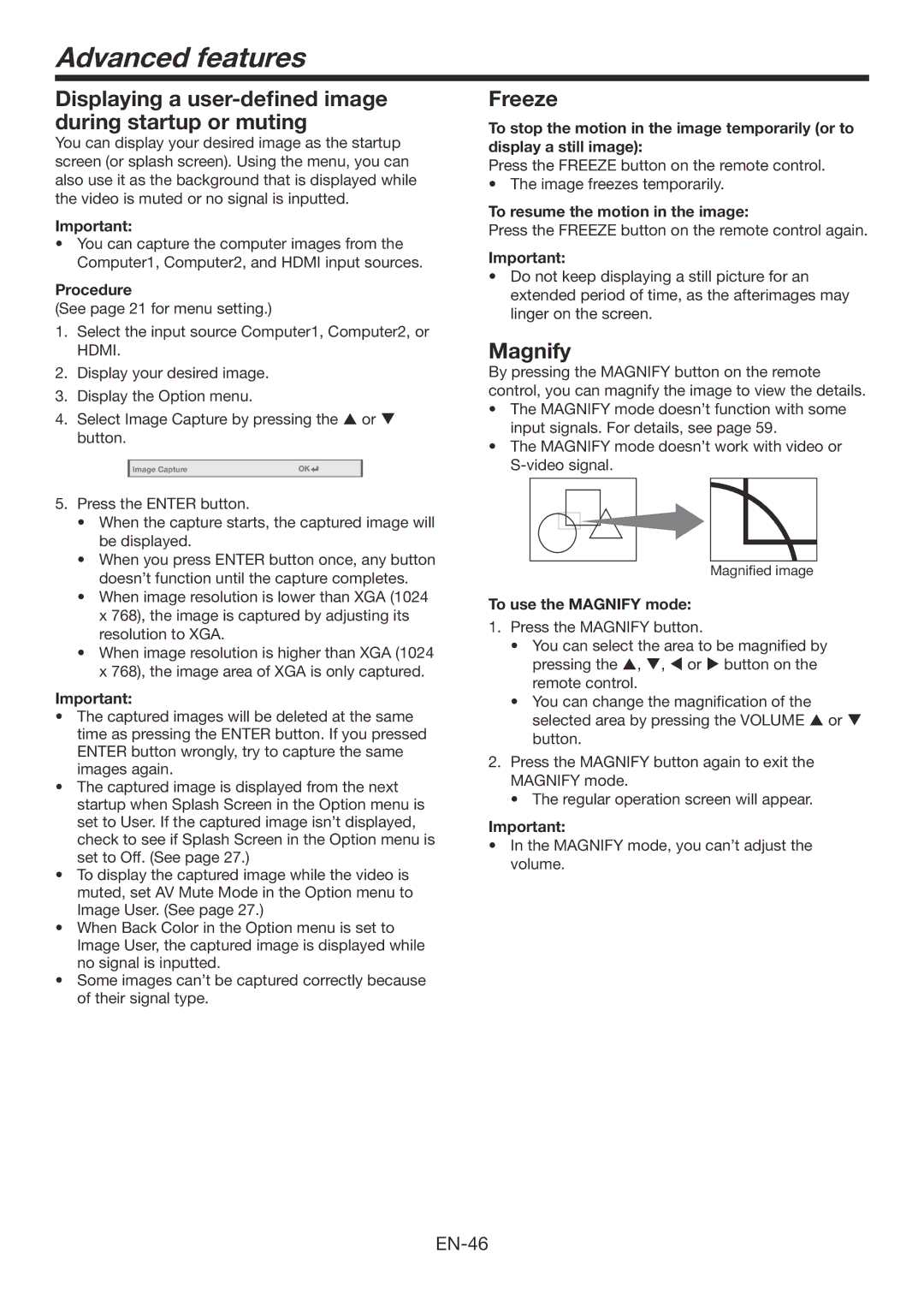 Mitsubishi Electronics WD570U Advanced features, Displaying a user-defined image during startup or muting, Freeze, Magnify 