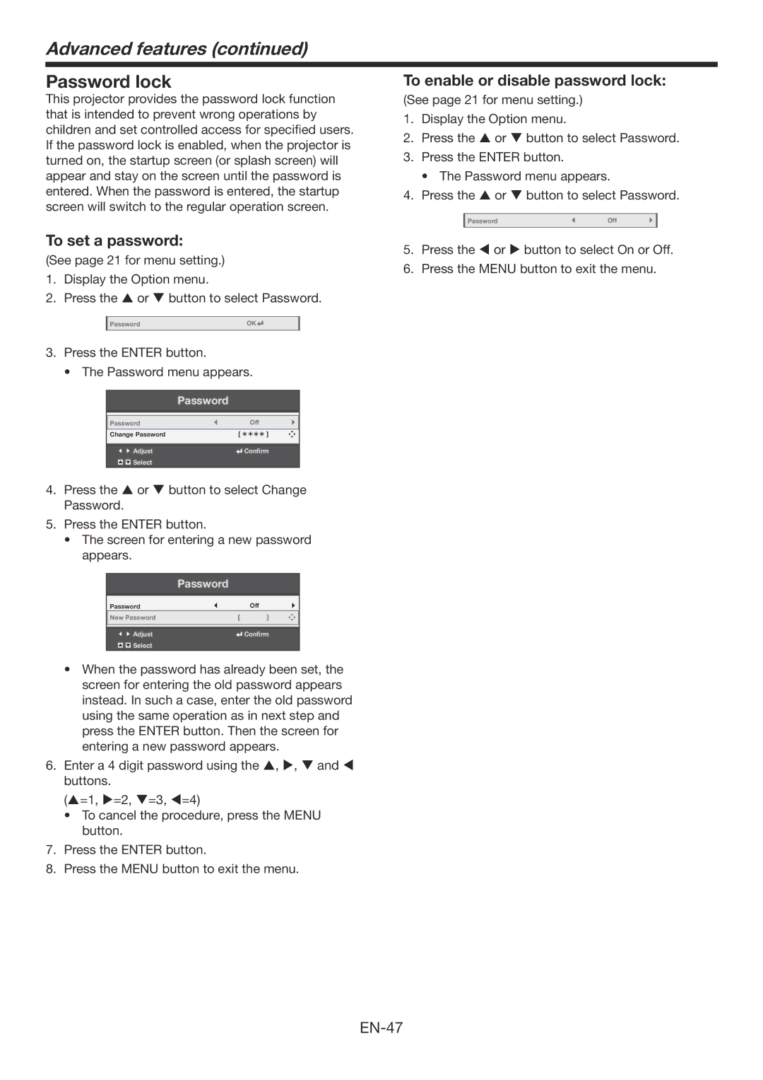 Mitsubishi Electronics XD560U Advanced features, Password lock, To enable or disable password lock, To set a password 