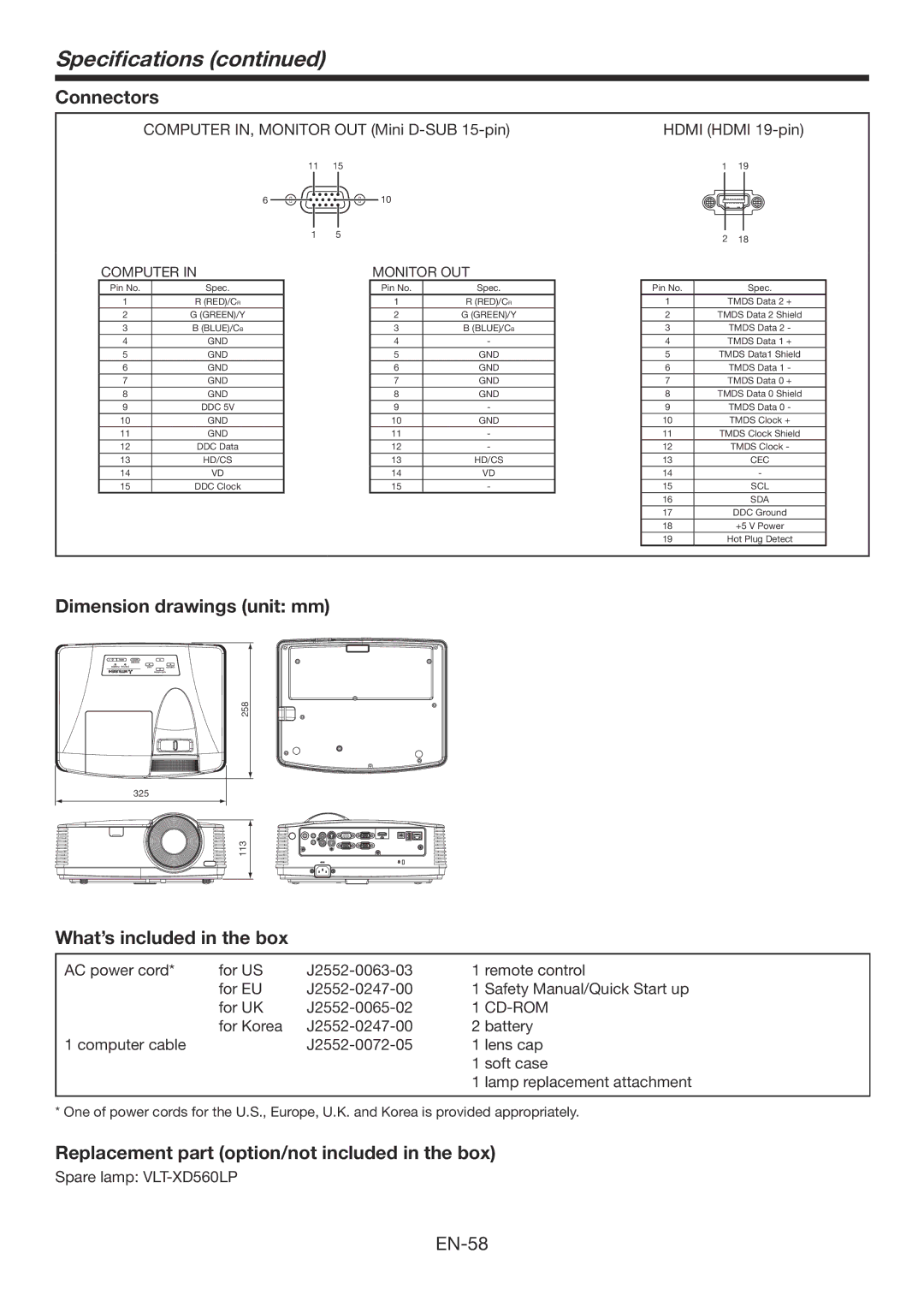 Mitsubishi Electronics WD570U, XD560U Specifications, Connectors, Dimension drawings unit mm, What’s included in the box 