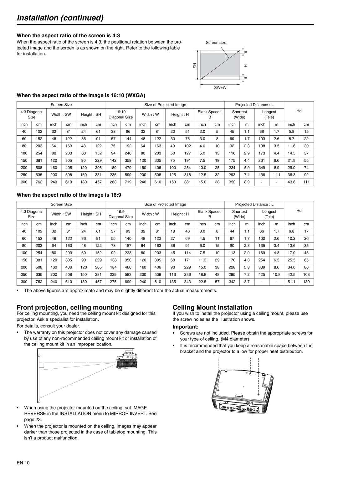 Mitsubishi Electronics XD600U-G, WD620U-G user manual Front projection, ceiling mounting, Ceiling Mount Installation 