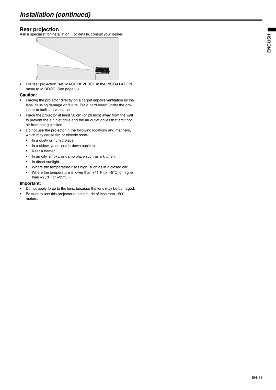 Mitsubishi Electronics WD620U-G, XD600U-G user manual Rear projection 