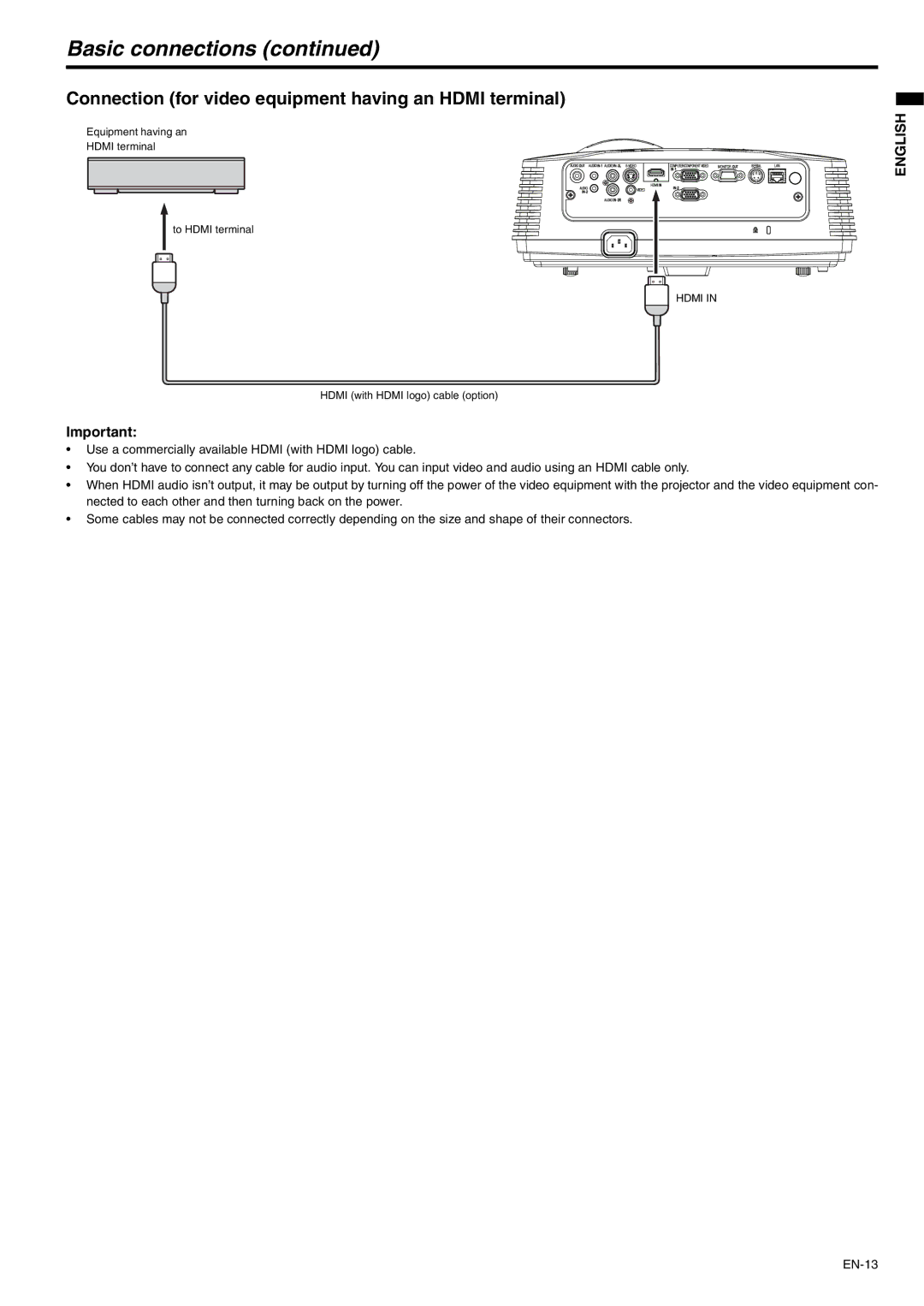 Mitsubishi Electronics WD620U-G, XD600U-G Basic connections, Connection for video equipment having an Hdmi terminal 