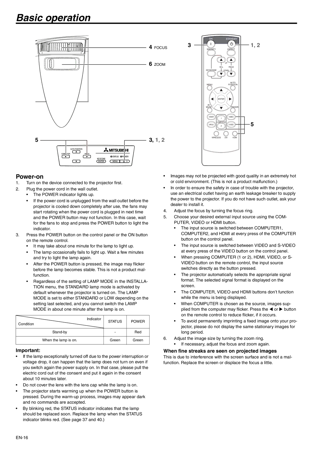 Mitsubishi Electronics WD620U-G, XD600U-G Basic operation, Power-on, When fine streaks are seen on projected images 