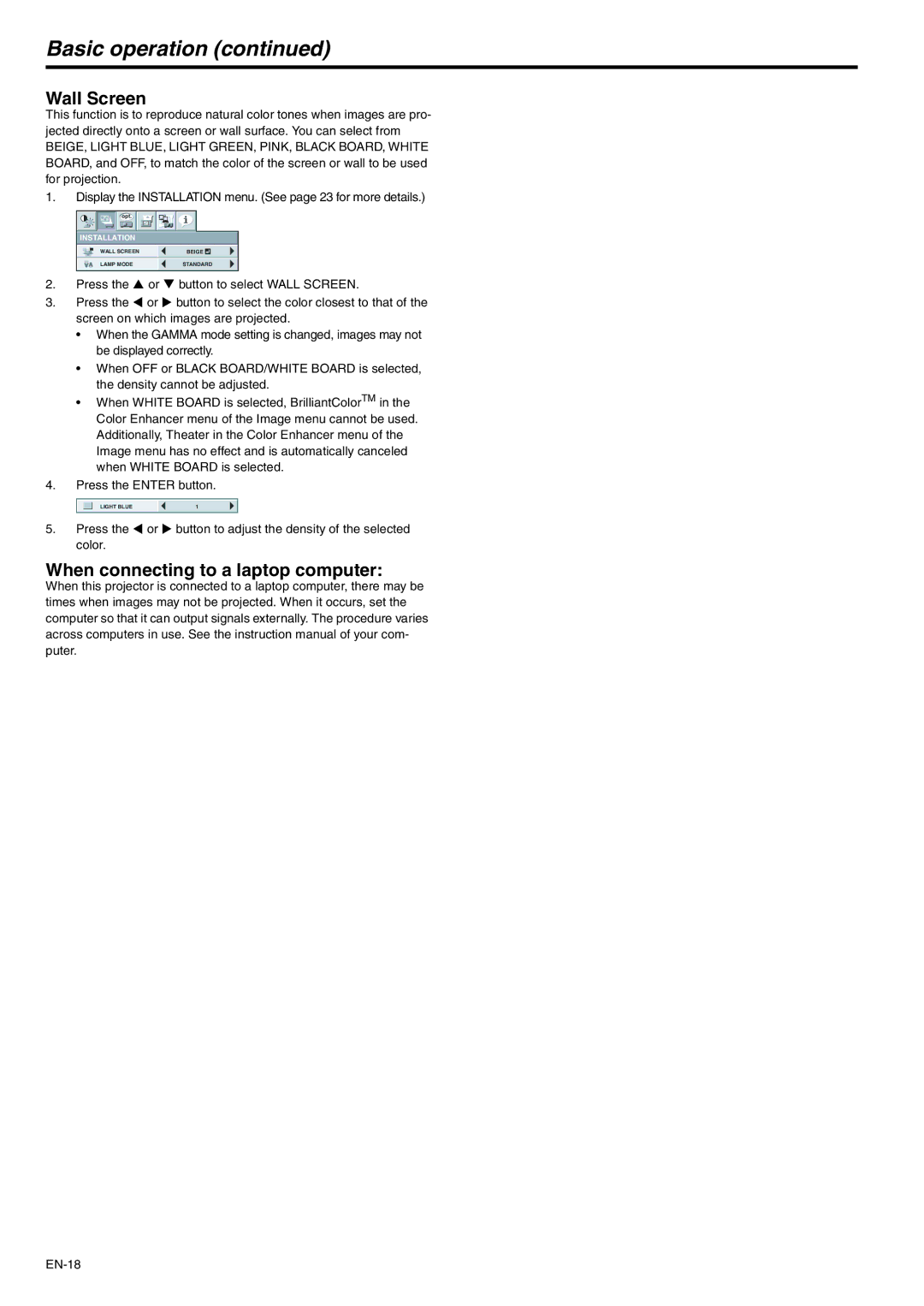 Mitsubishi Electronics XD600U-G, WD620U-G user manual Wall Screen, When connecting to a laptop computer 