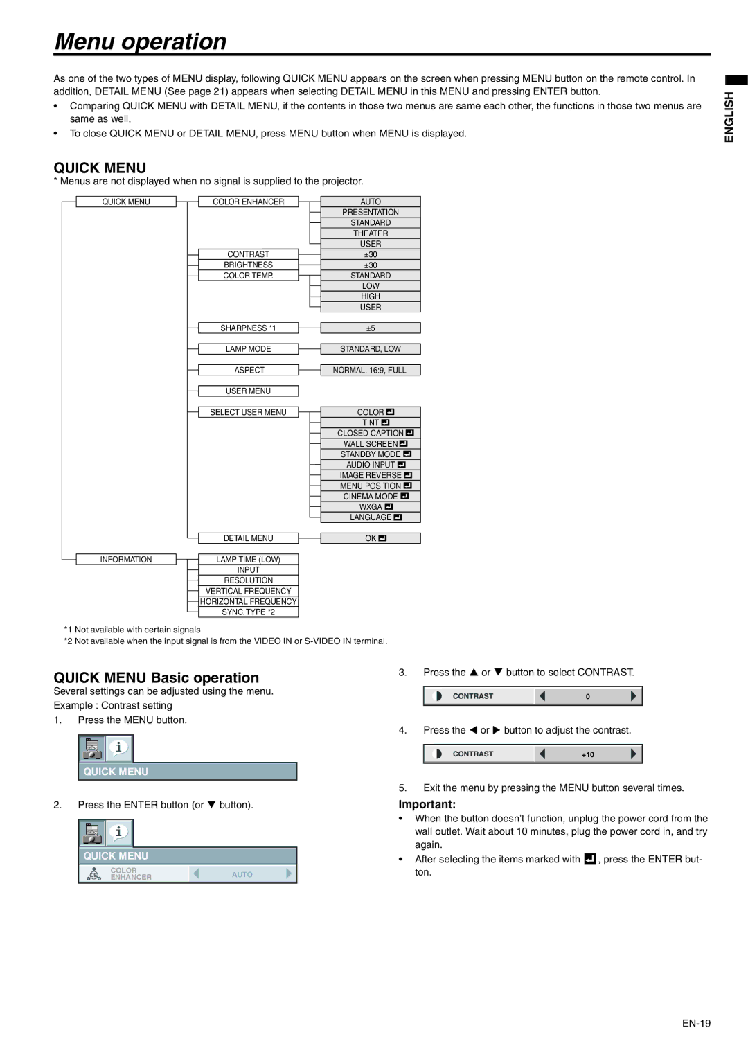 Mitsubishi Electronics XD600U Menu operation, Quick Menu Basic operation, Quick Menu Color Enhancer Auto Presentation 