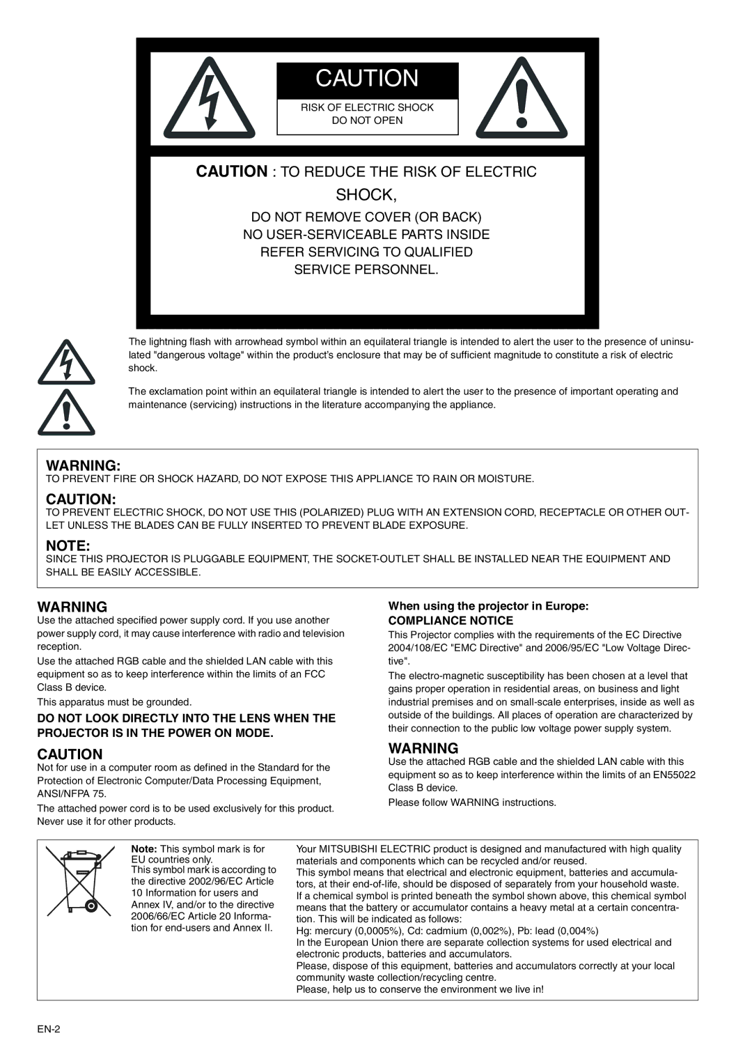 Mitsubishi Electronics XD600U-G, WD620U-G user manual Shock, When using the projector in Europe 