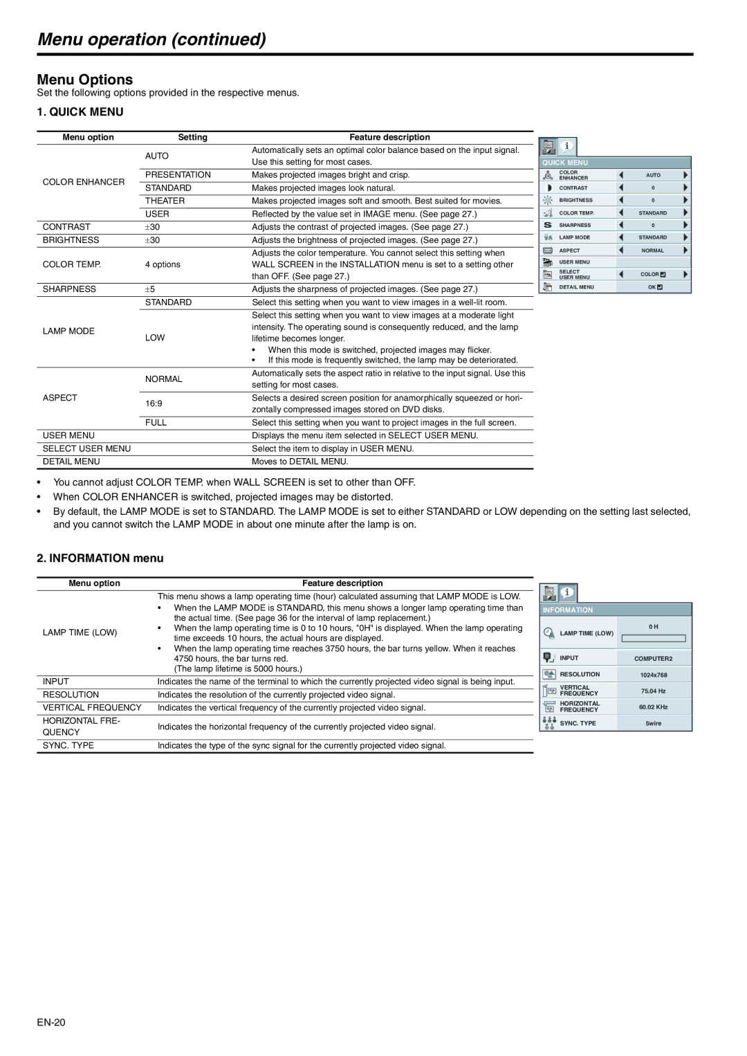 Mitsubishi Electronics WD620U-G, XD600U-G user manual Menu operation, Menu Options, Information menu 