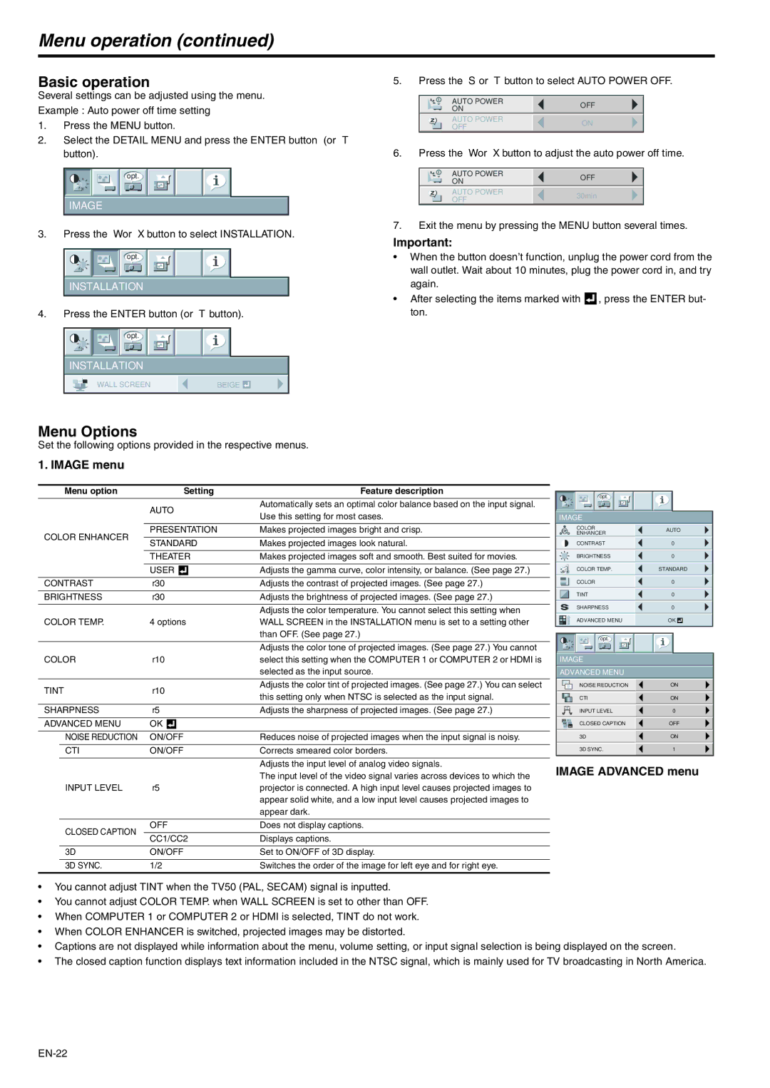 Mitsubishi Electronics XD600U-G, WD620U-G user manual Basic operation, Image menu, Image Advanced menu 