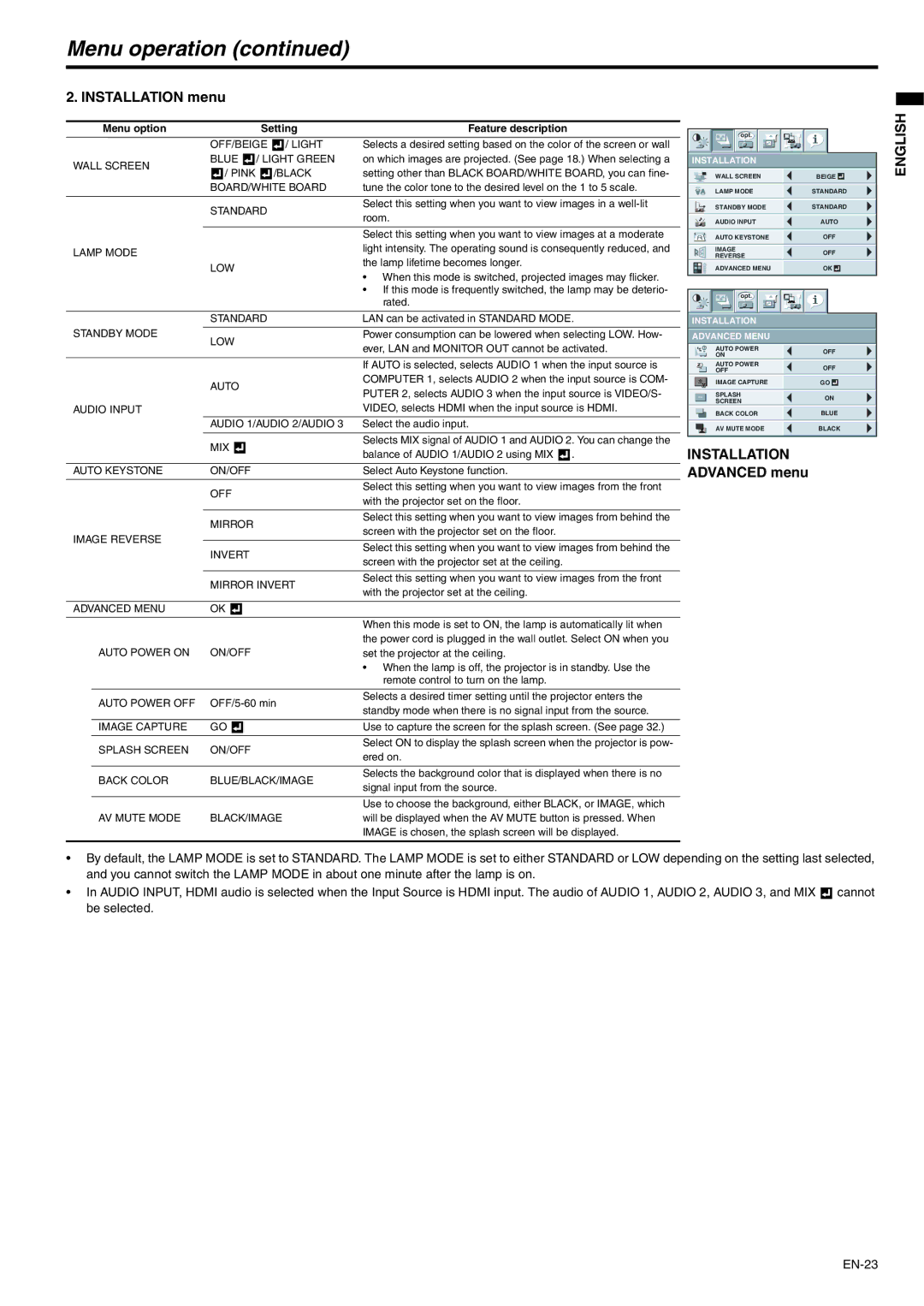 Mitsubishi Electronics WD620U-G, XD600U-G user manual Installation menu 