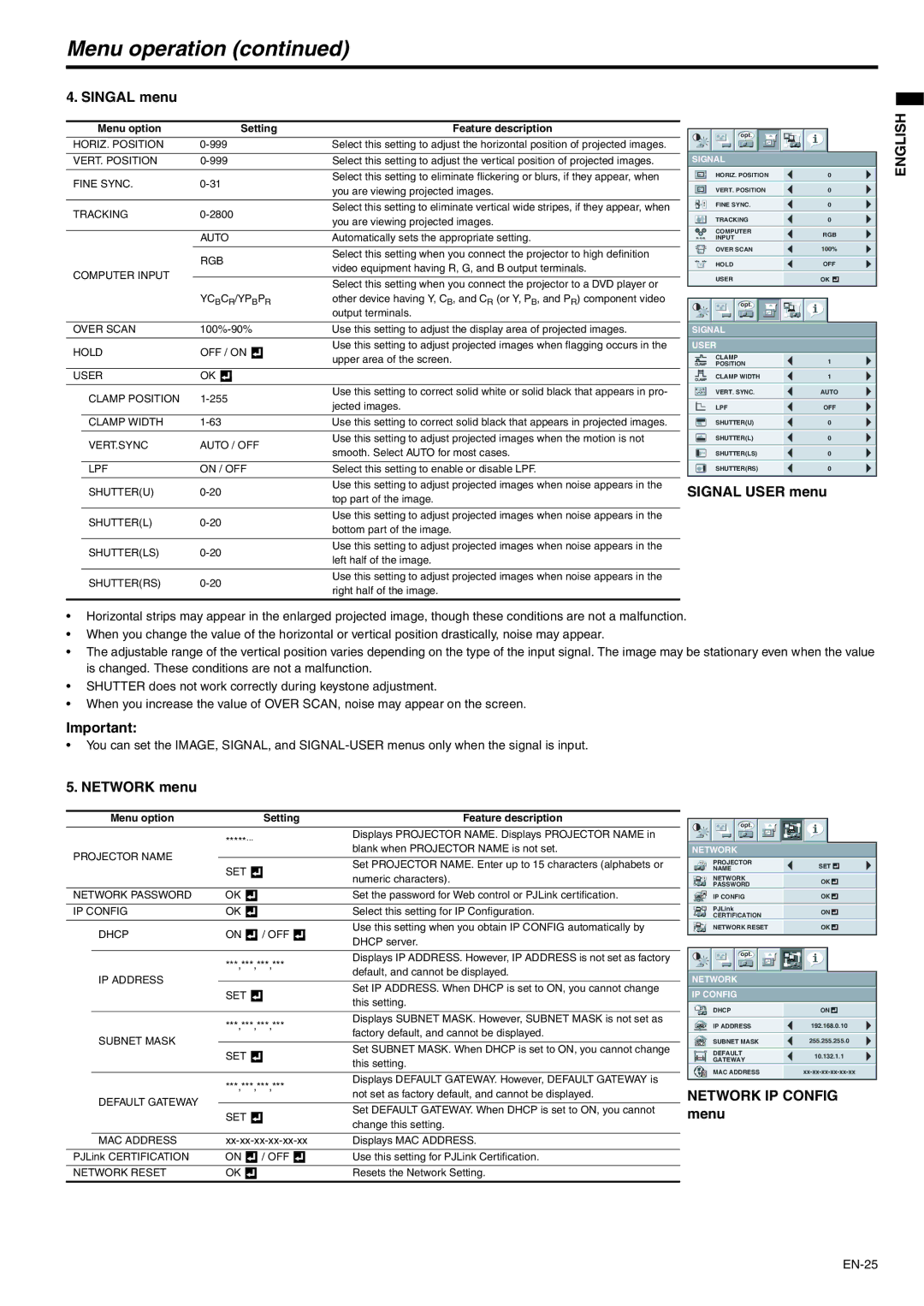 Mitsubishi Electronics WD620U-G, XD600U-G user manual Singal menu, Signal User menu, Network menu, Menu 