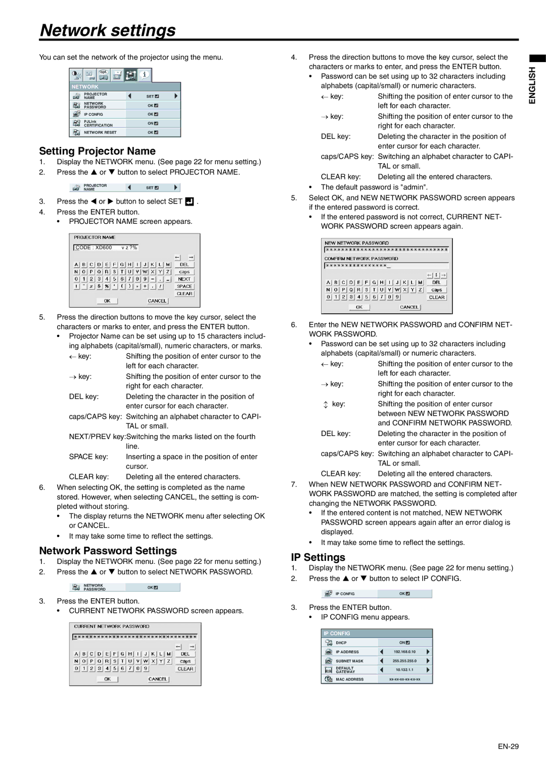 Mitsubishi Electronics WD620U-G, XD600U-G Network settings, Setting Projector Name, Network Password Settings, IP Settings 