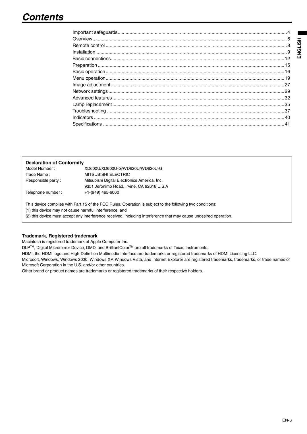 Mitsubishi Electronics WD620U-G, XD600U-G user manual Contents 