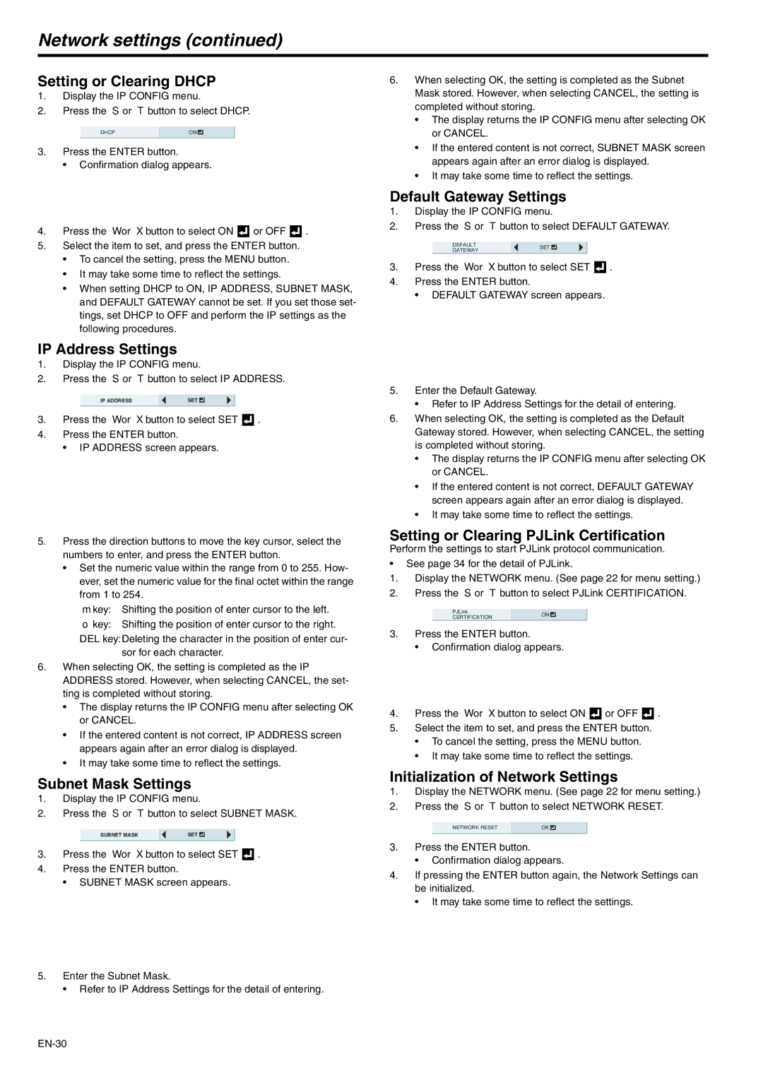 Mitsubishi Electronics XD600U-G, WD620U-G user manual Network settings 