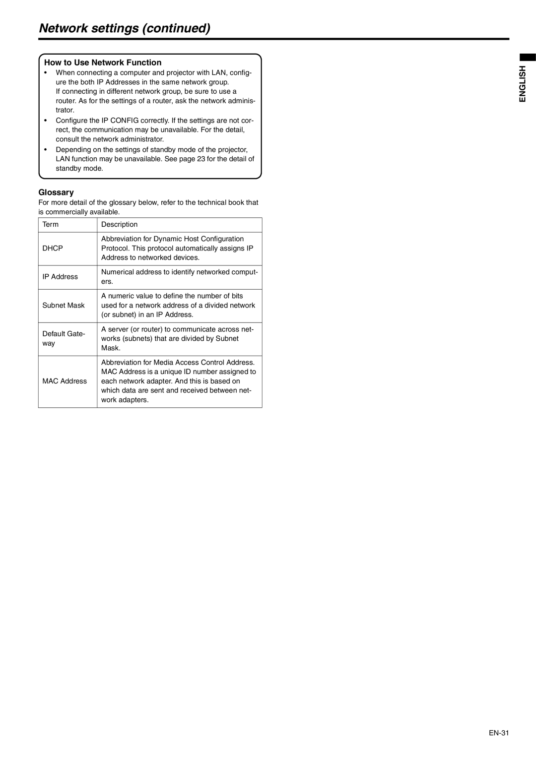 Mitsubishi Electronics WD620U-G, XD600U-G user manual How to Use Network Function, Glossary 