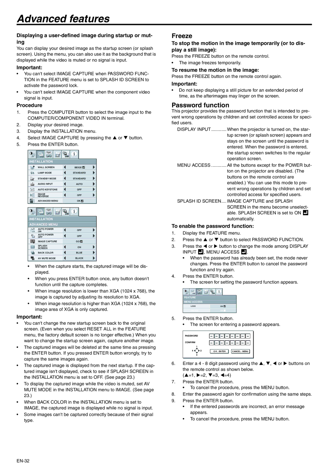 Mitsubishi Electronics WD620U-G, XD600U-G user manual Advanced features, Freeze, Password function 