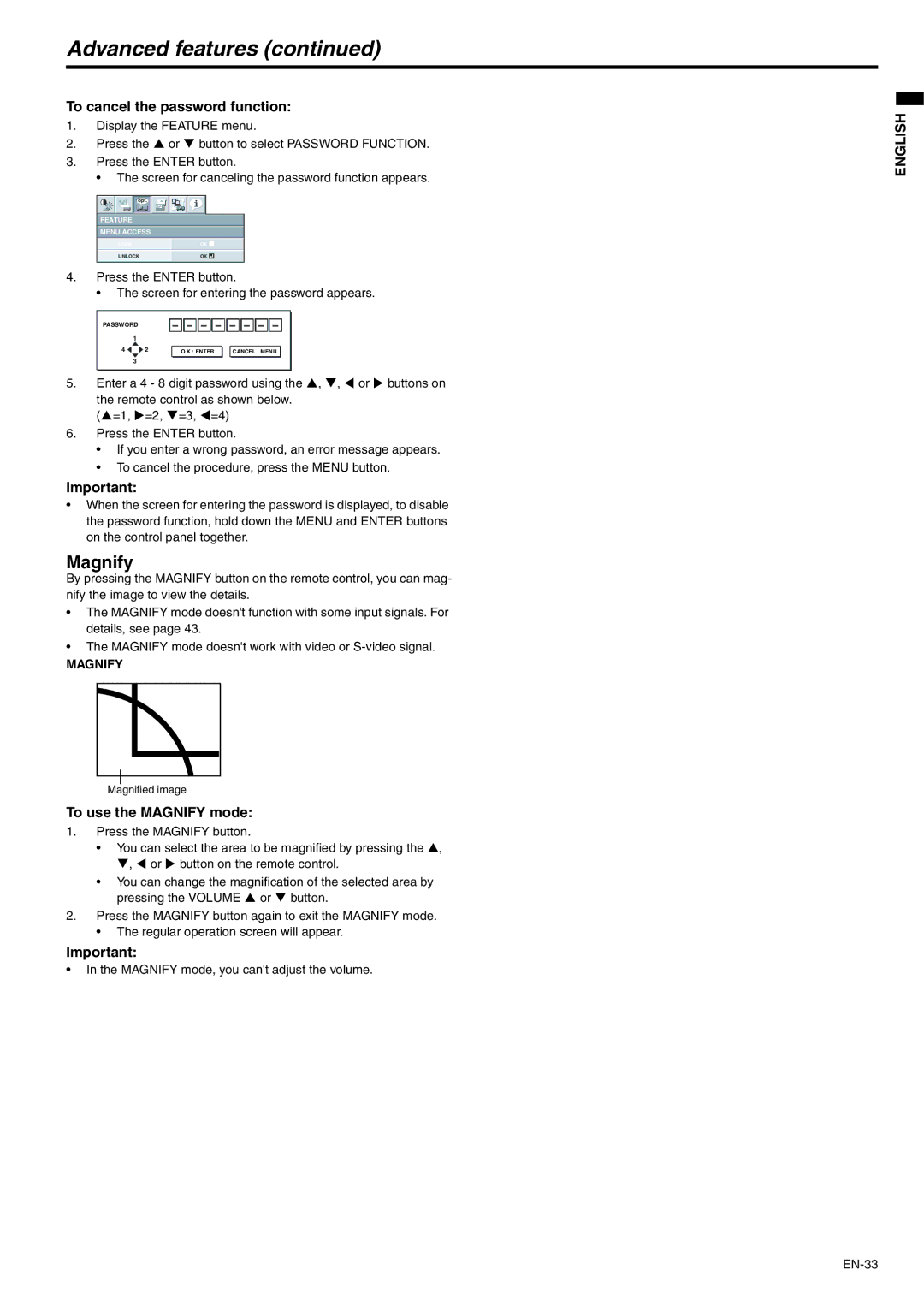 Mitsubishi Electronics WD620U-G, XD600U-G Advanced features, To cancel the password function, To use the Magnify mode 