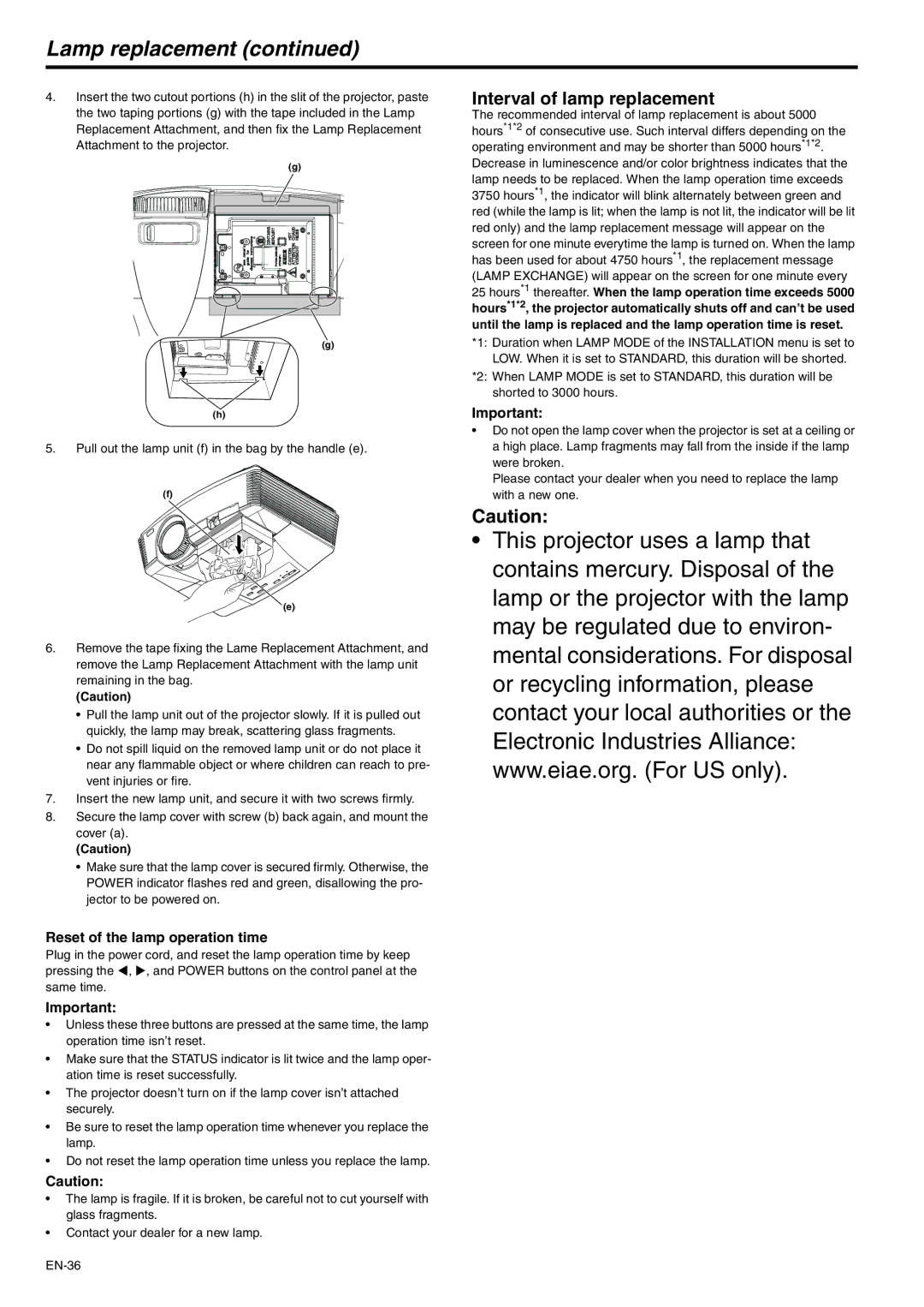 Mitsubishi Electronics WD620U-G Lamp replacement, Interval of lamp replacement, Reset of the lamp operation time 