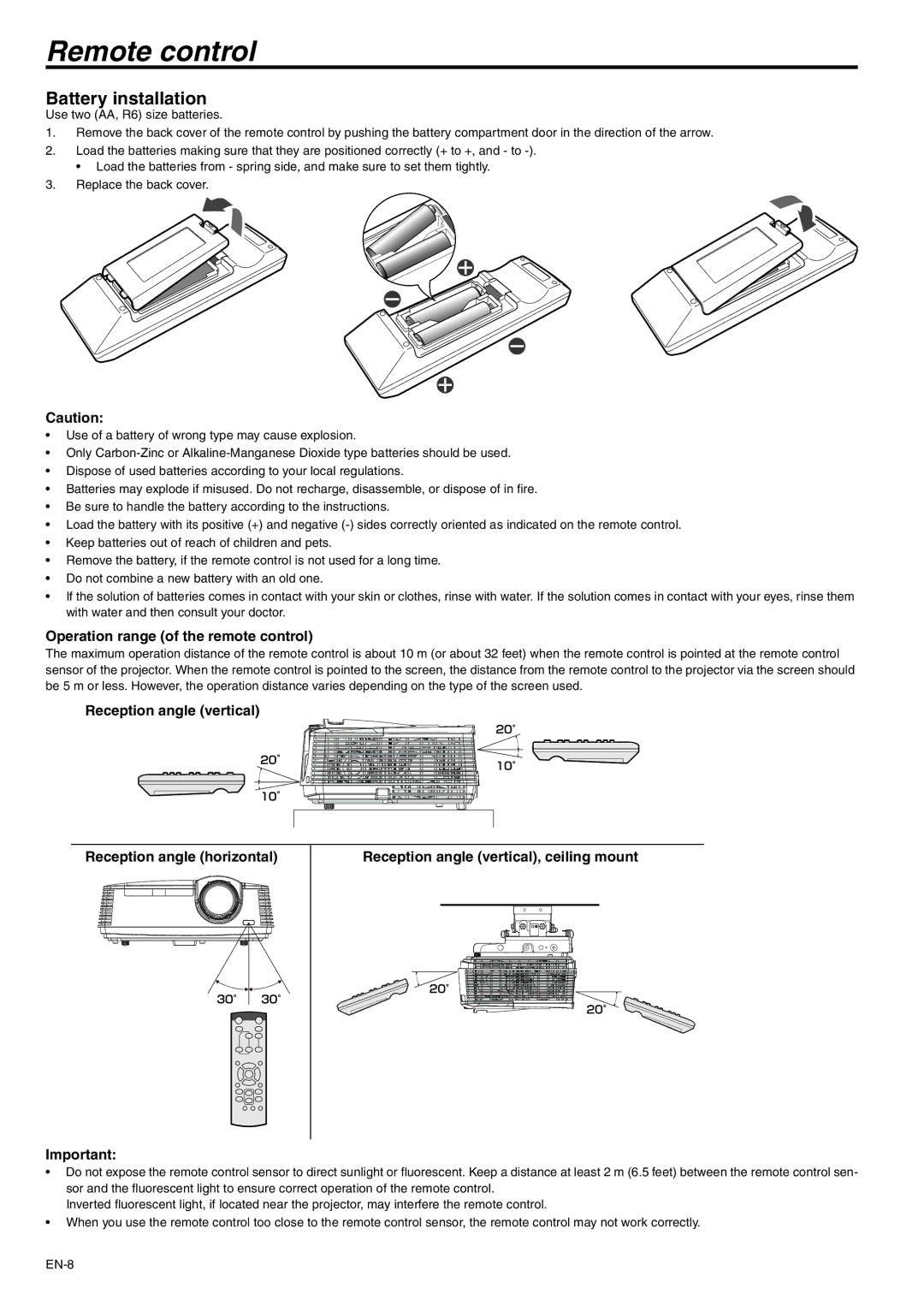 Mitsubishi Electronics WD620U-G, XD600U-G Remote control, Battery installation, Operation range of the remote control 